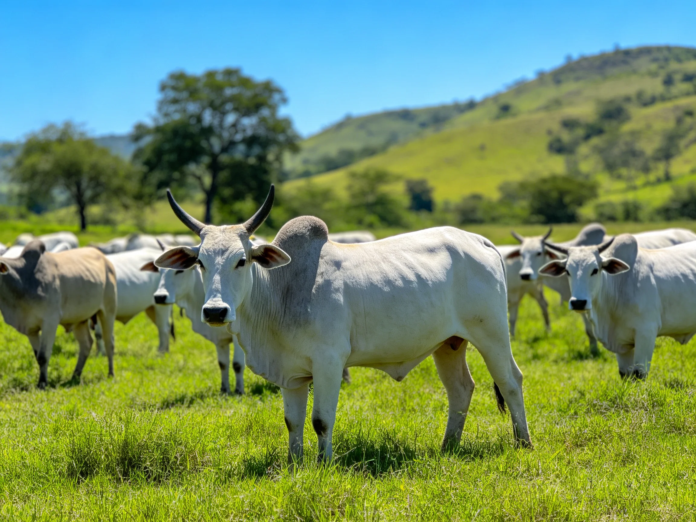 A herd of white cattle grazing in a lush green pasture with rolling hills