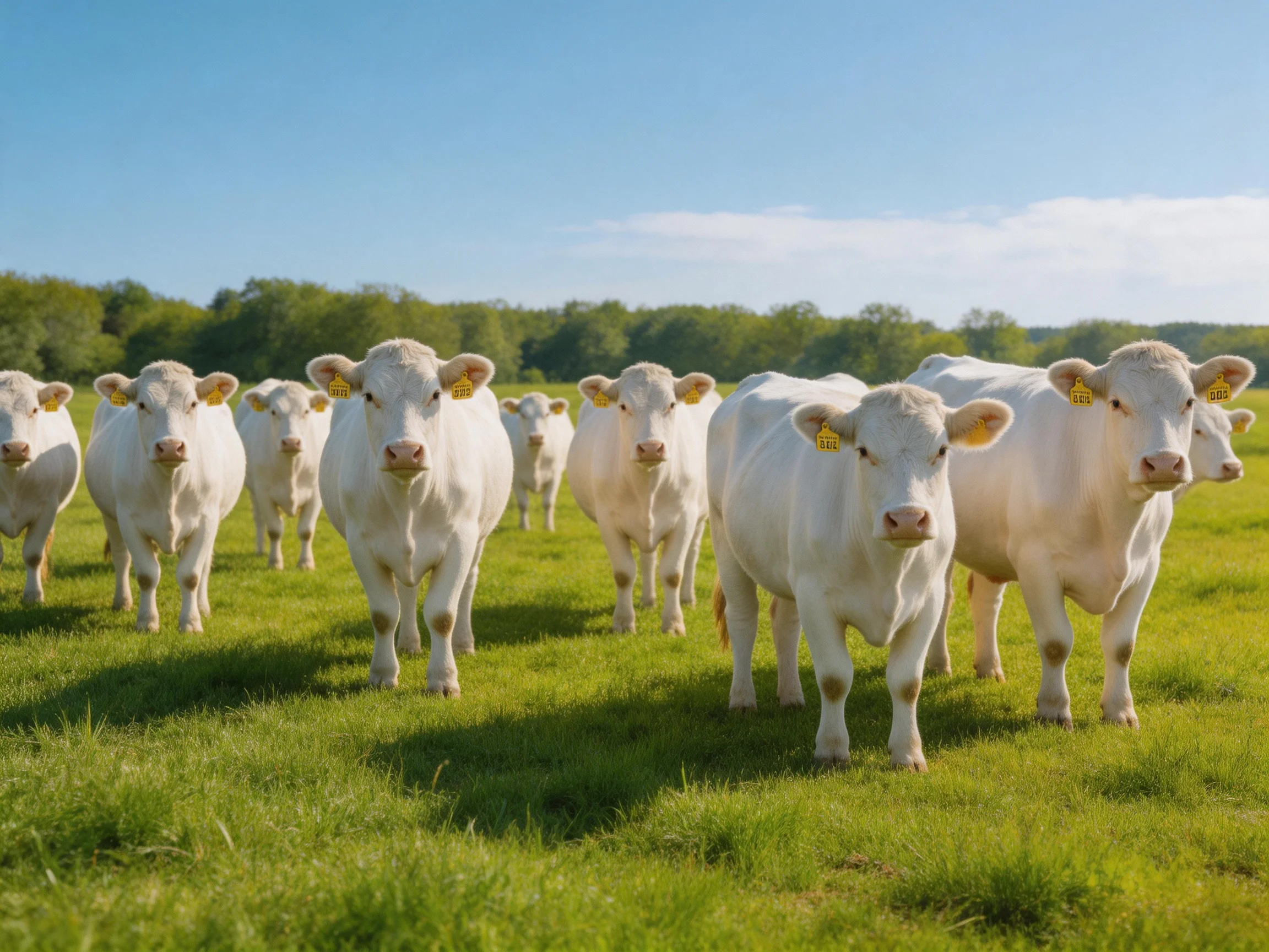 A herd of white cattle grazing in a lush green pasture