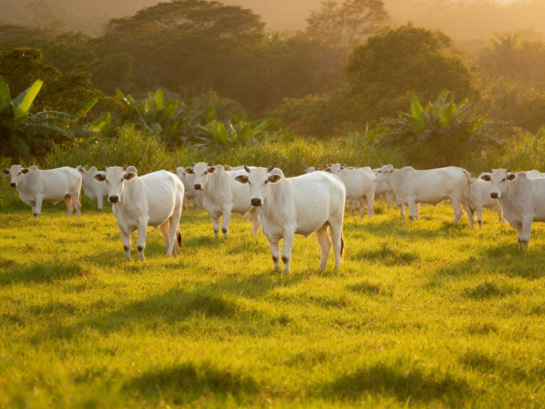 A herd of white cattle grazing in a sunlit green pasture
