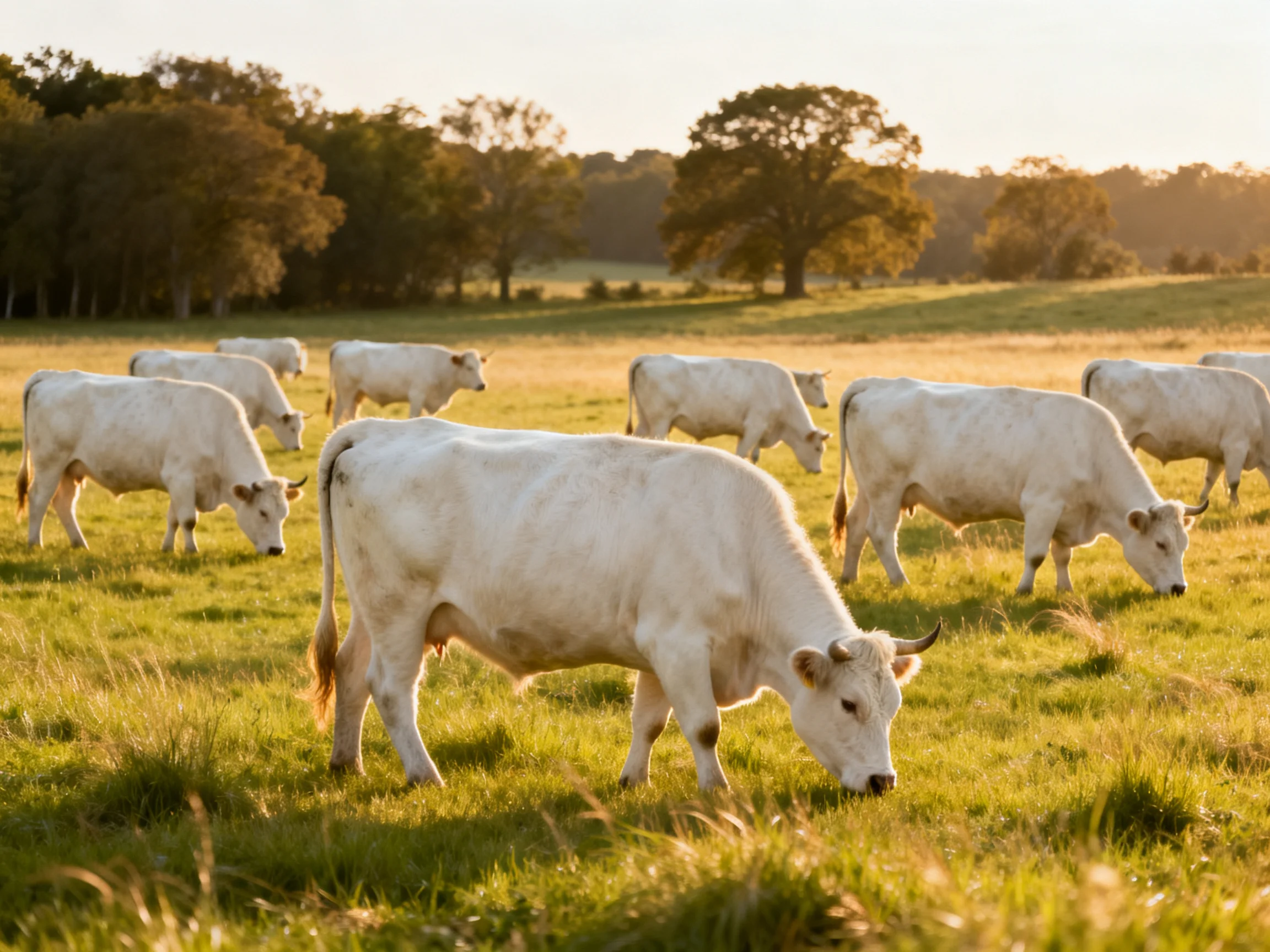 A herd of white cattle grazing in a sunlit green pasture