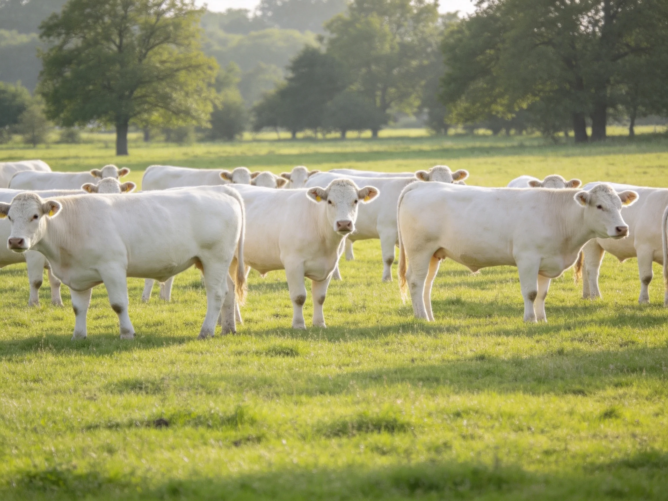 A herd of white cattle in a sunlit green pasture