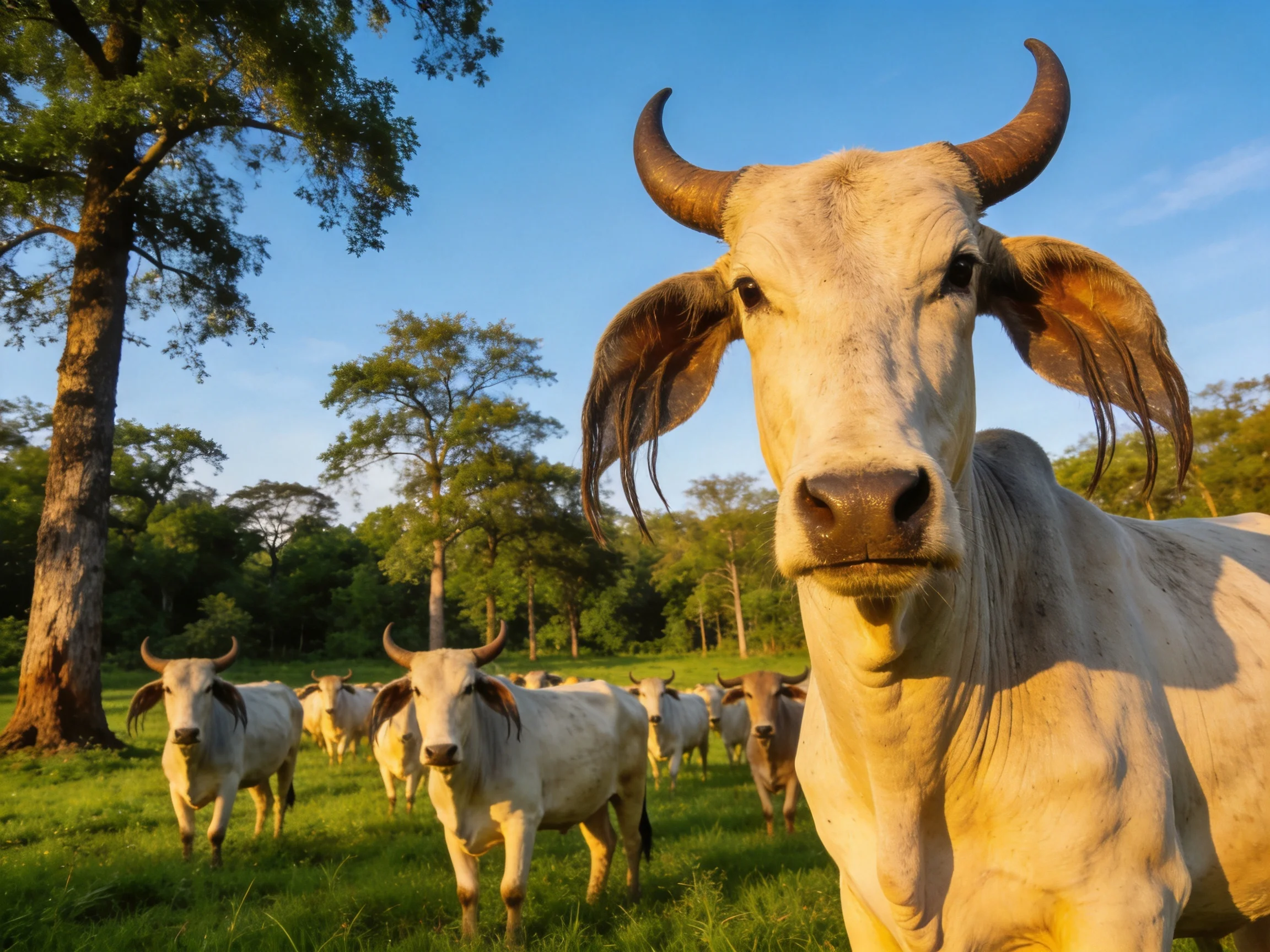 A herd of white cattle in a sunlit green pasture with tall trees