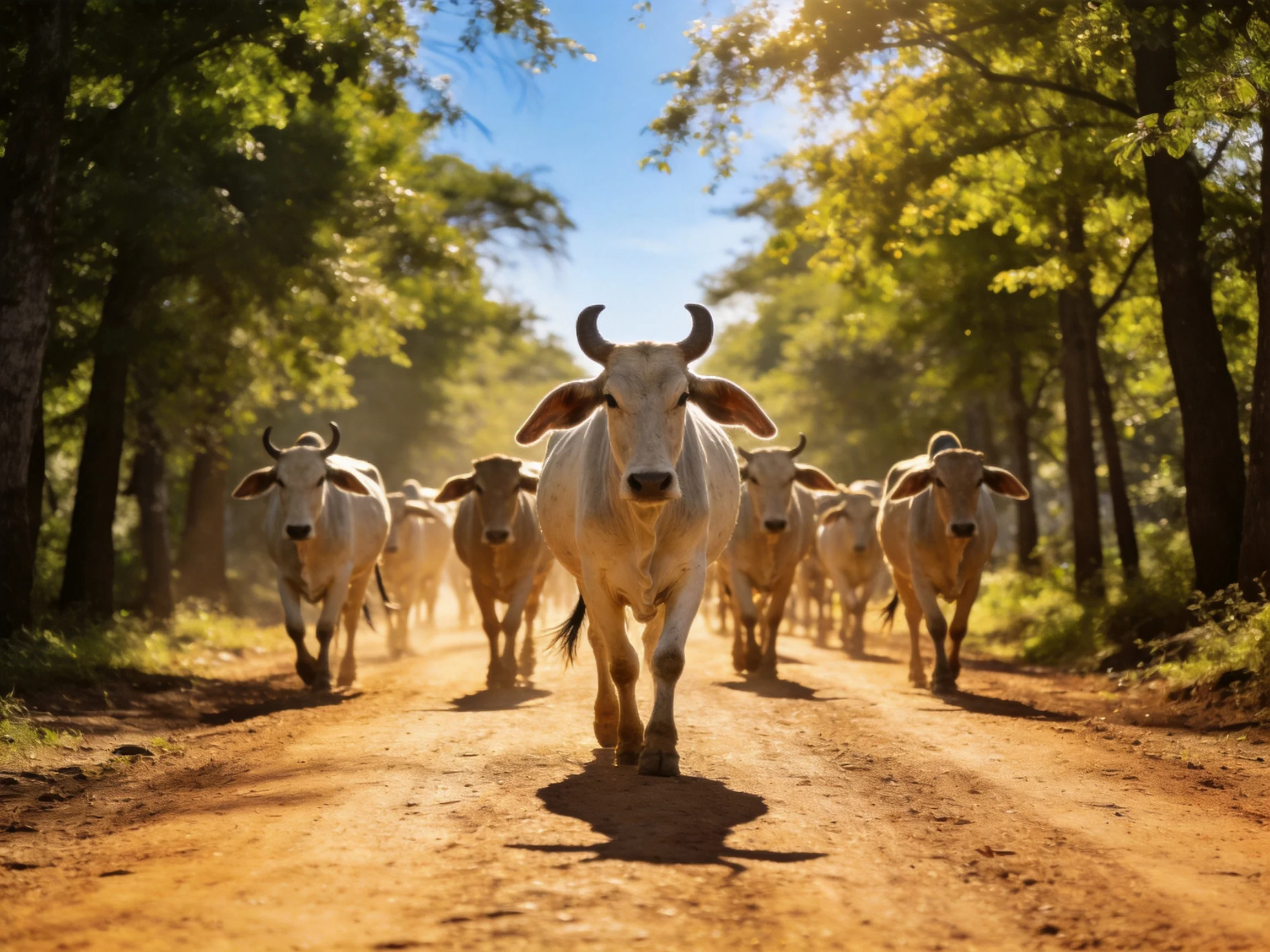 A herd of white cattle marches down a dusty forest road