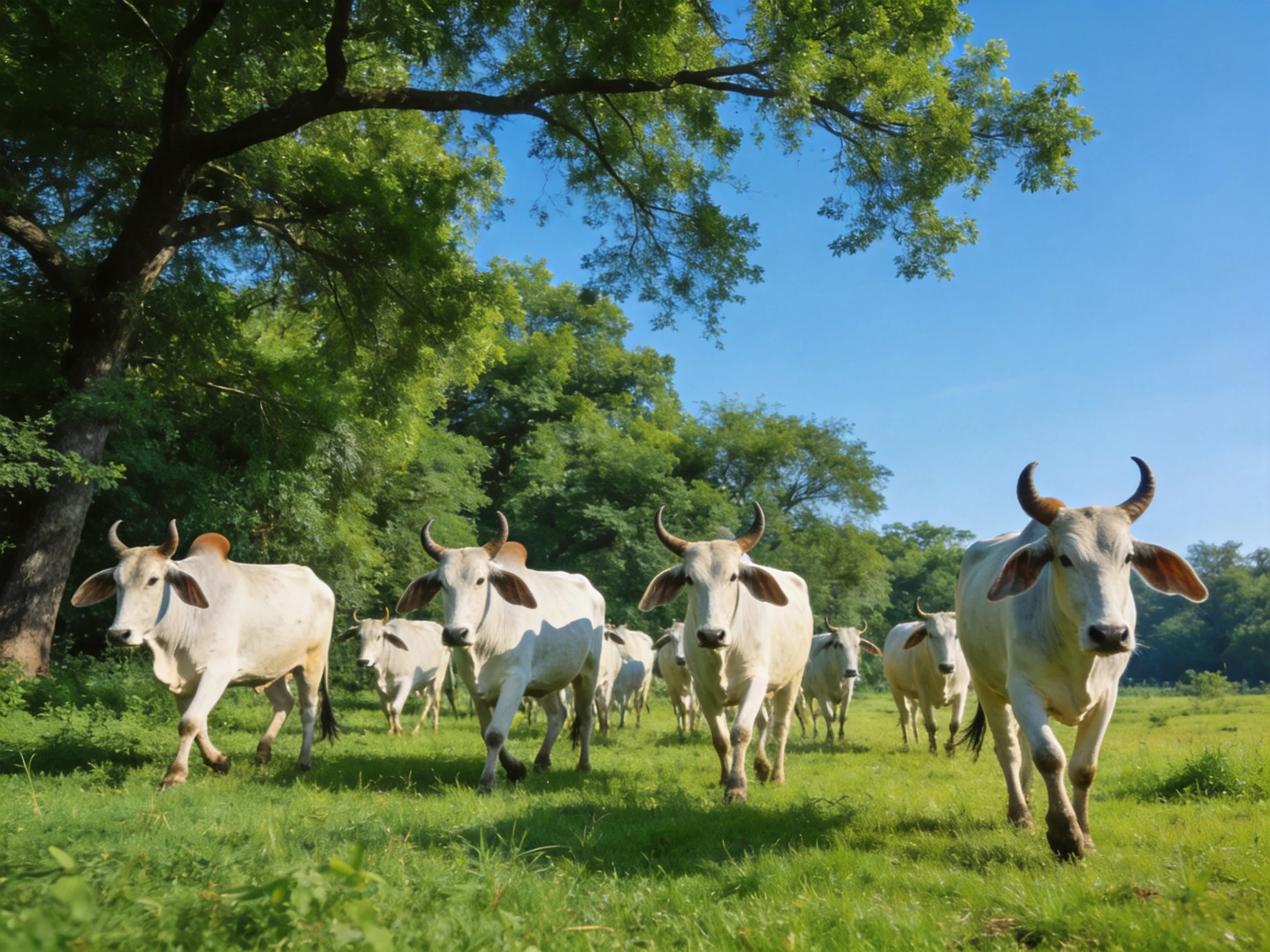 A herd of white cattle roams a lush green pasture under clear blue skies