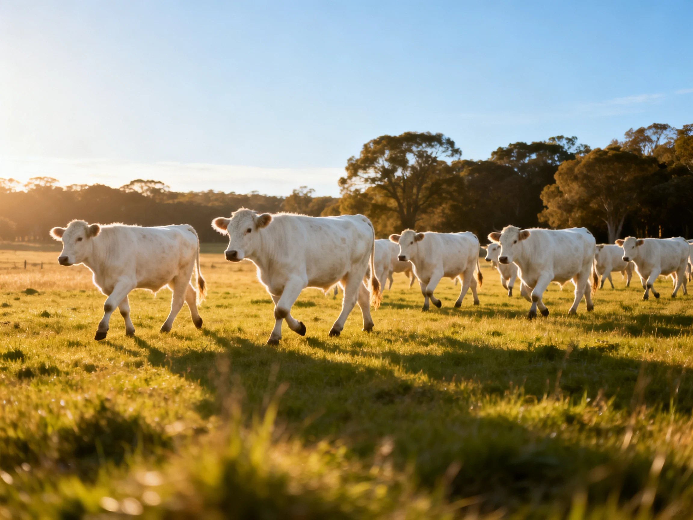 A herd of white cattle walking through a sunlit green pasture