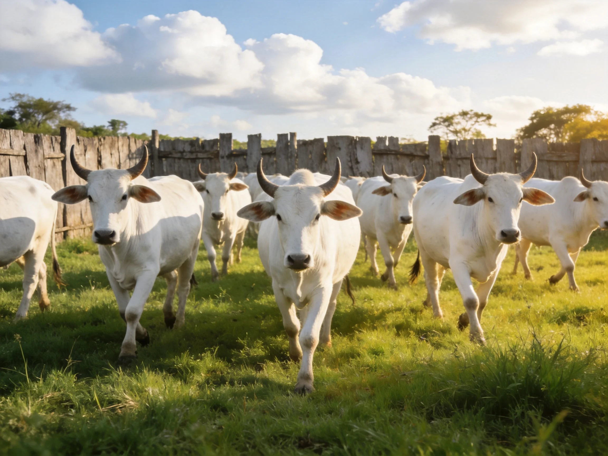 A herd of white horned cattle in a sunlit grassy enclosure