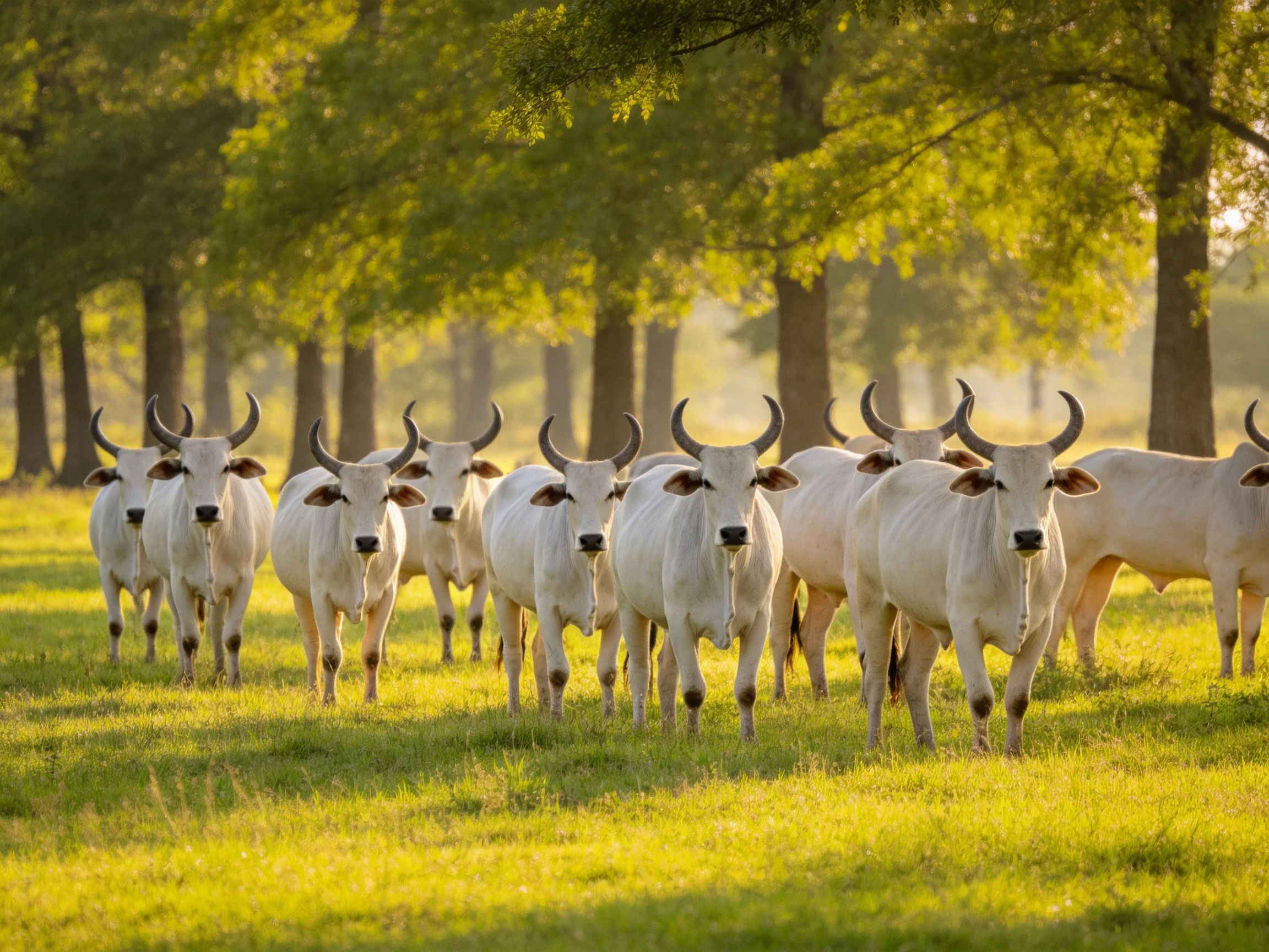 A herd of white horned cattle in a sunlit green meadow