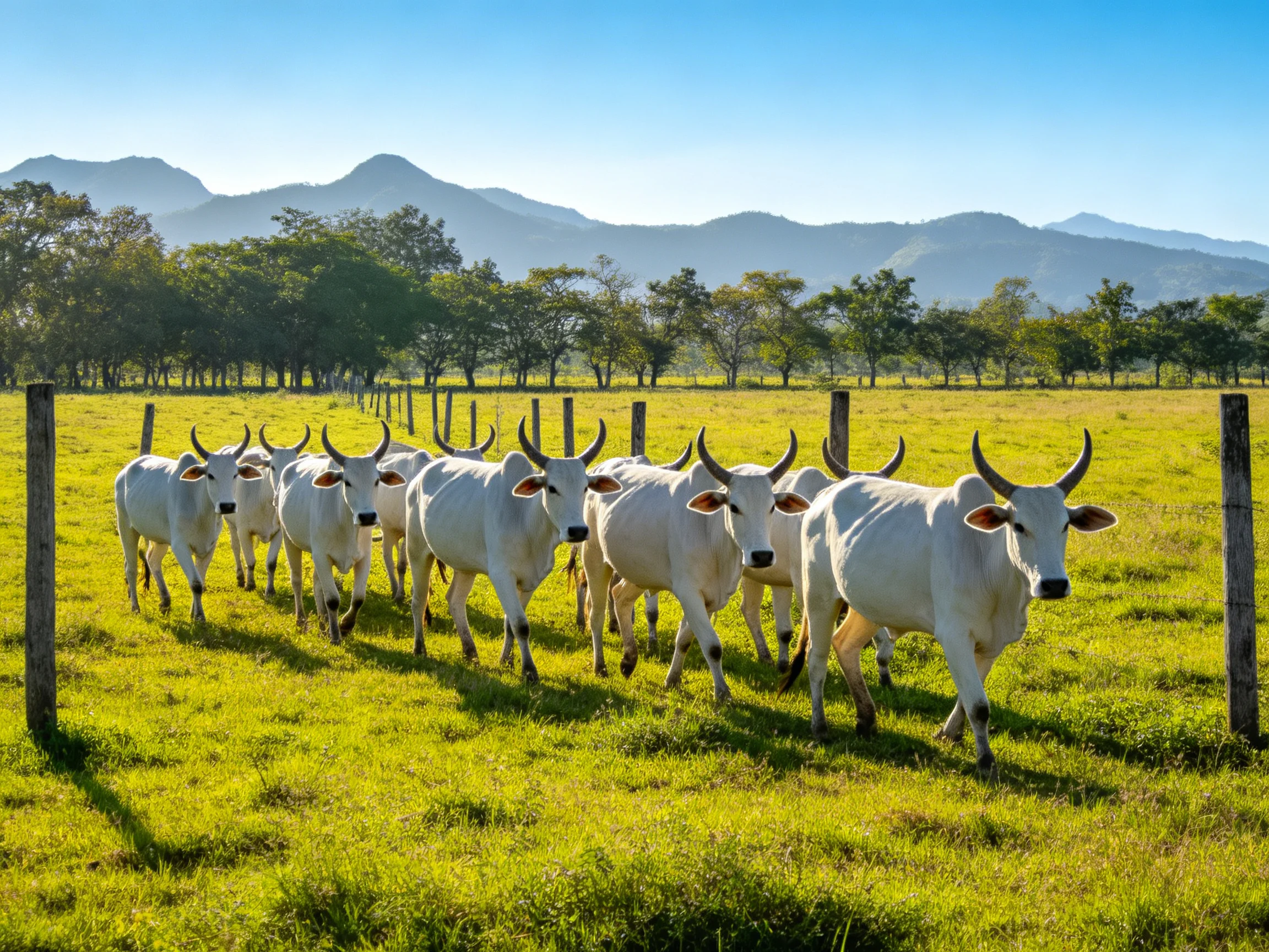 A herd of white horned cattle in a sunlit green pasture near mountains