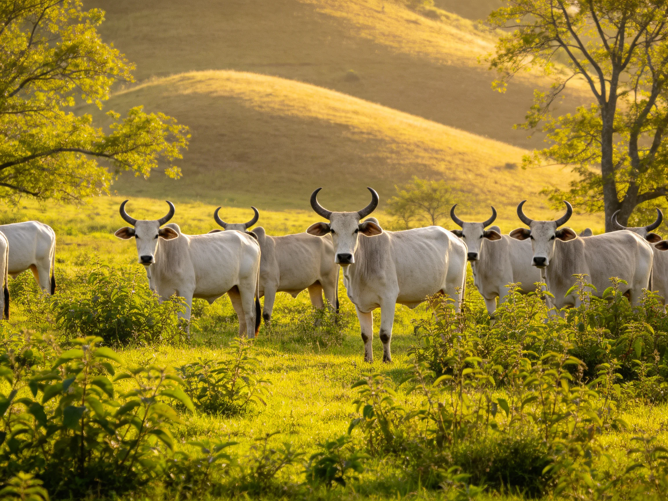 A herd of white horned cattle in a sunlit green pasture