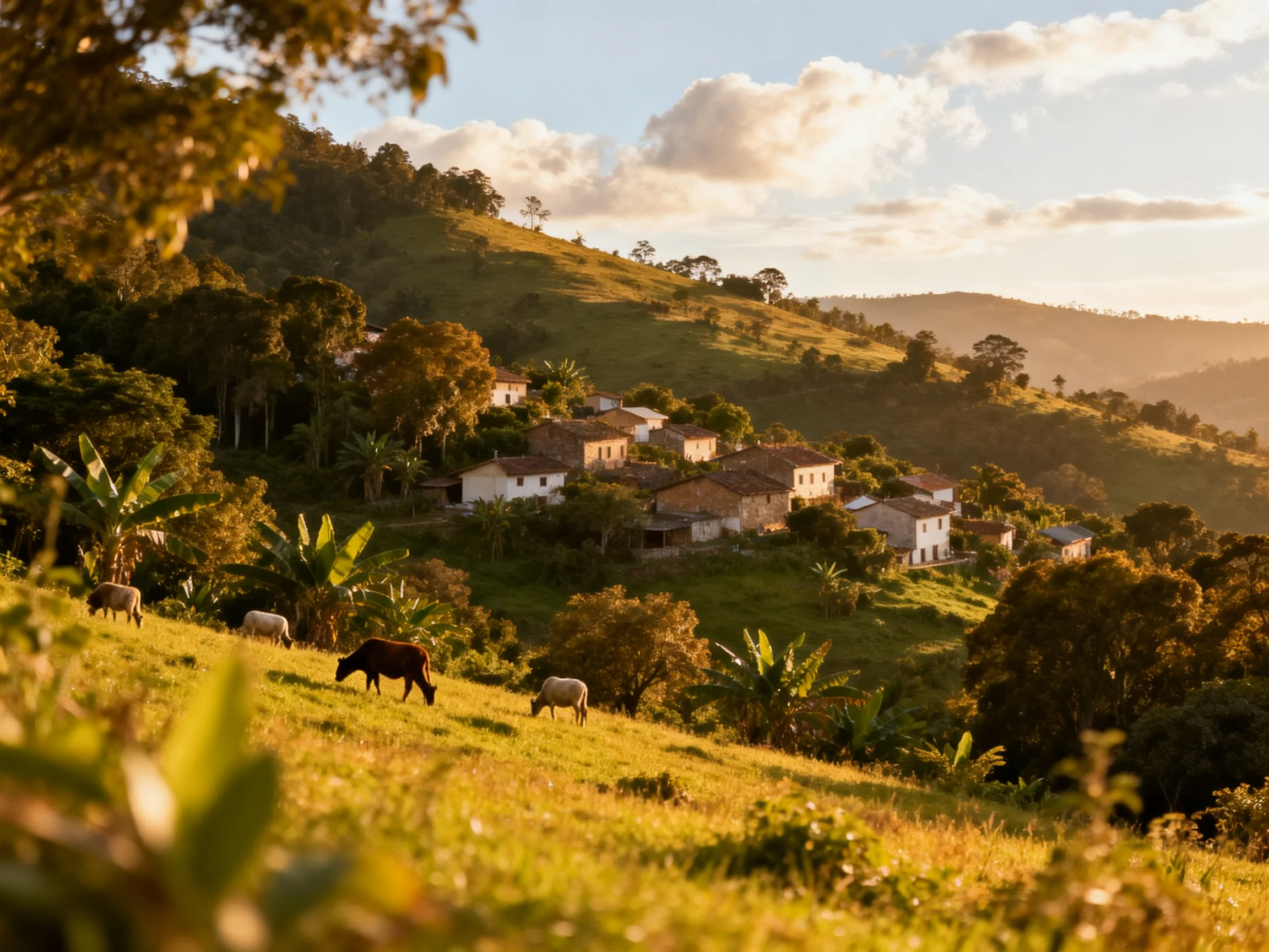 A hillside village with grazing cattle under golden sunlight