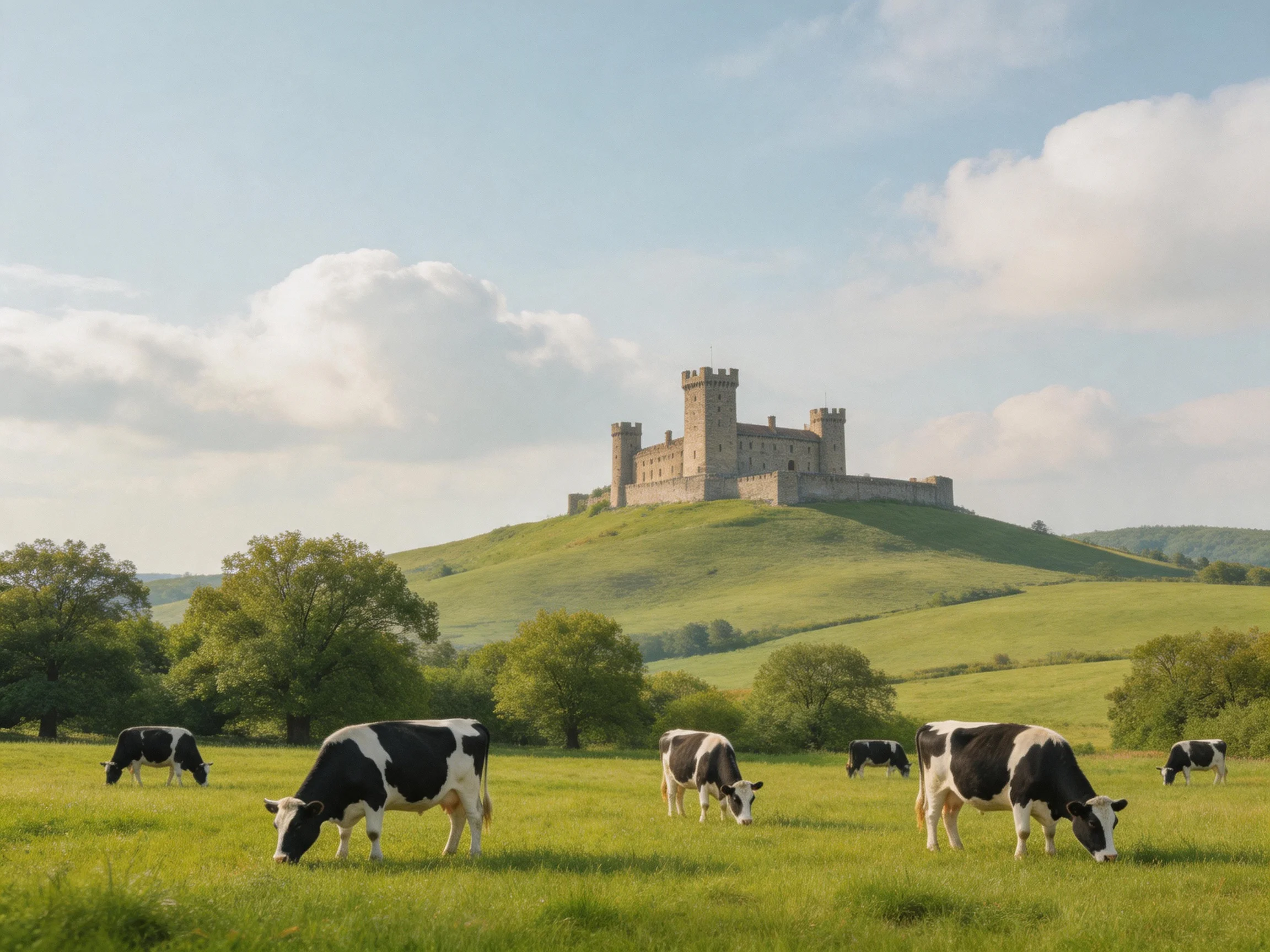 A historic stone castle atop a hill with grazing black-and-white cows
