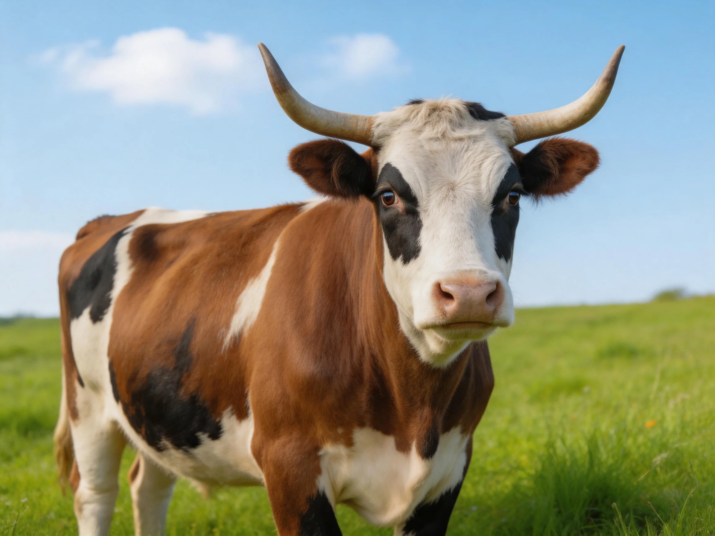 A horned brown-and-white cow stands in a lush green meadow