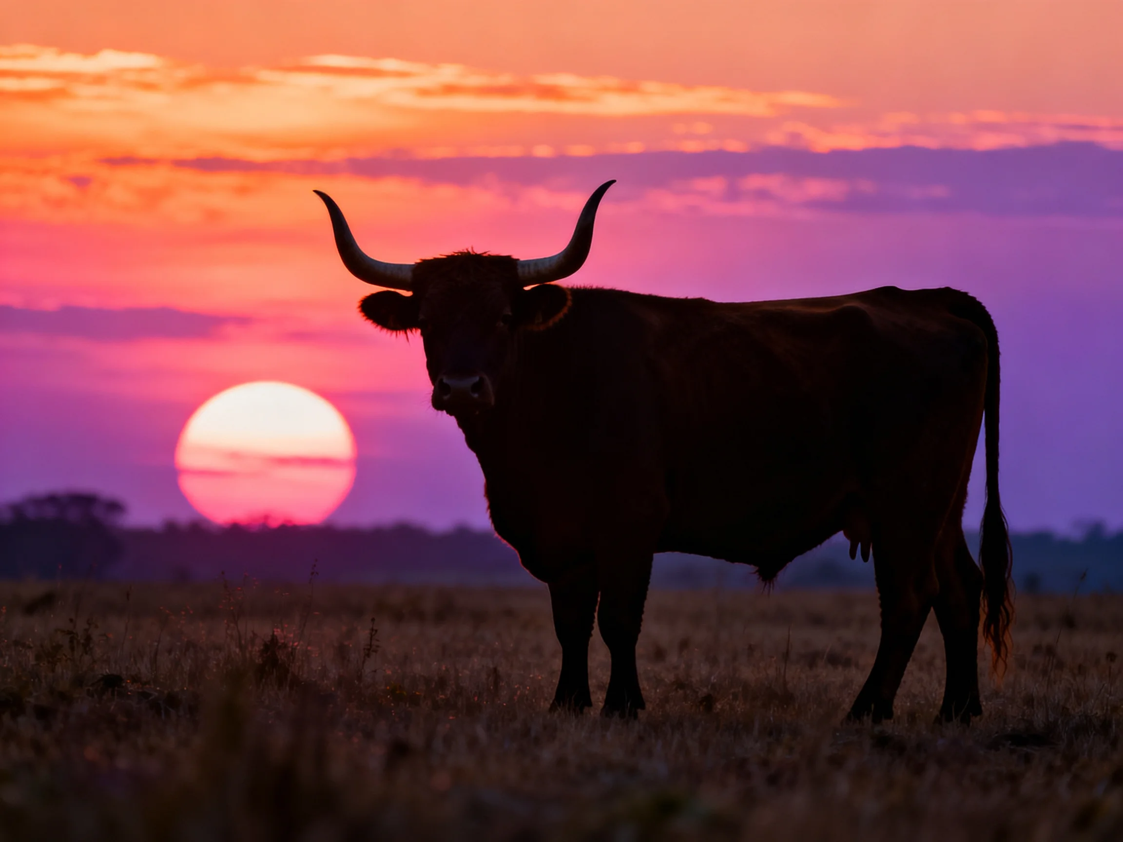 A horned bull silhouetted against a vibrant pink and purple sunset over a dry field