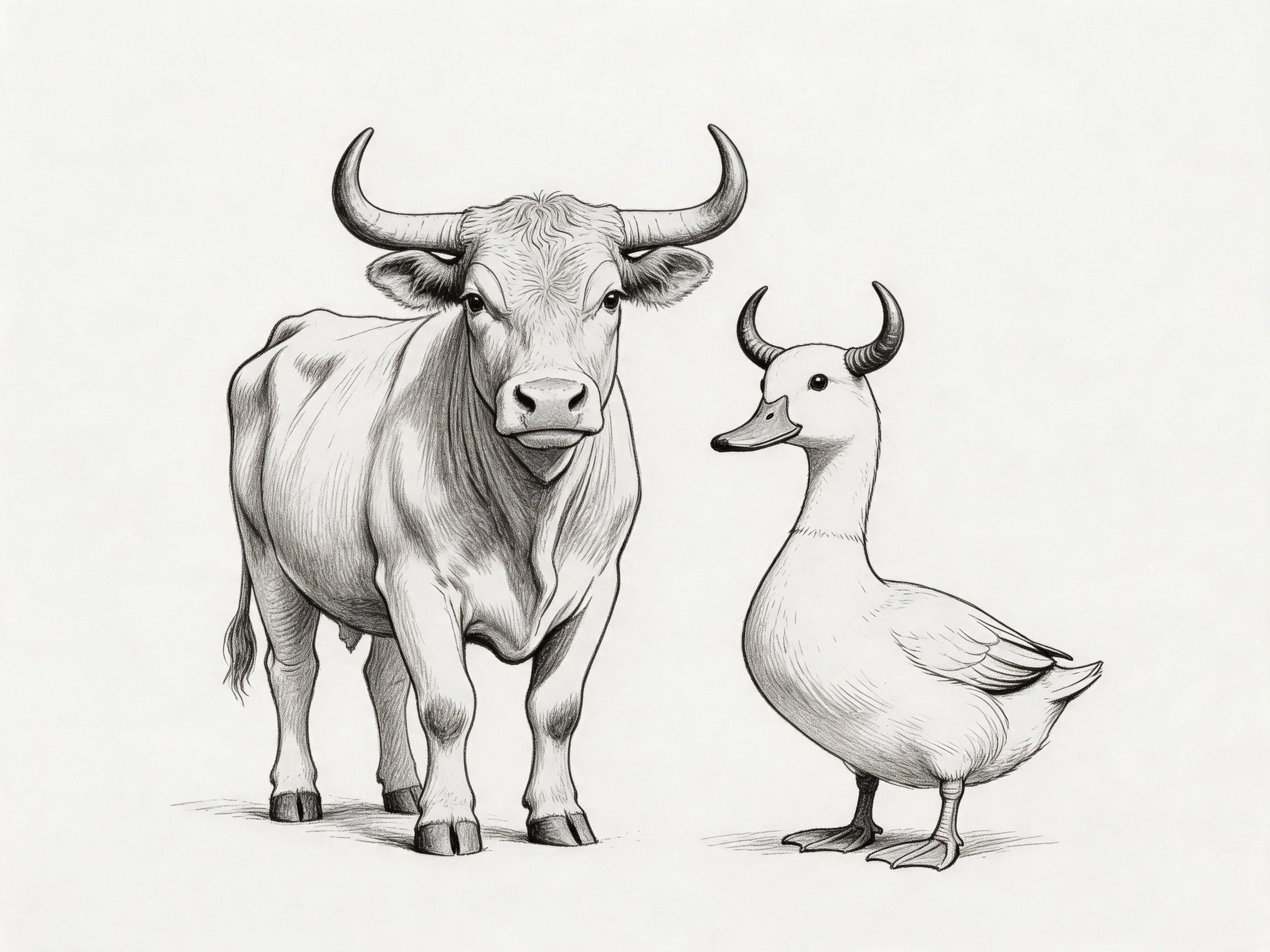 A horned cow and duck illustrated in a detailed pencil sketch
