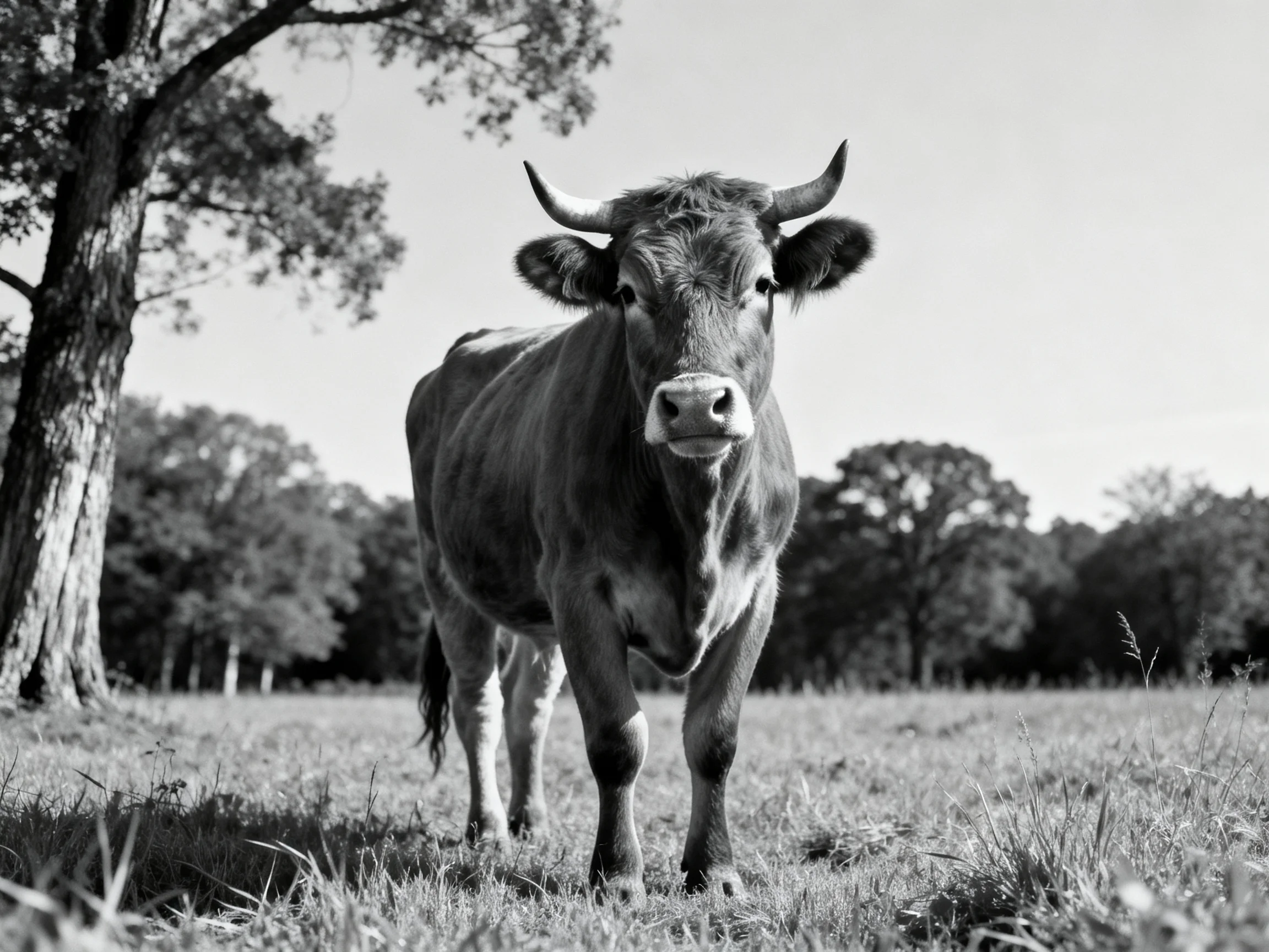 A horned cow in a grassy field with trees in the distance
