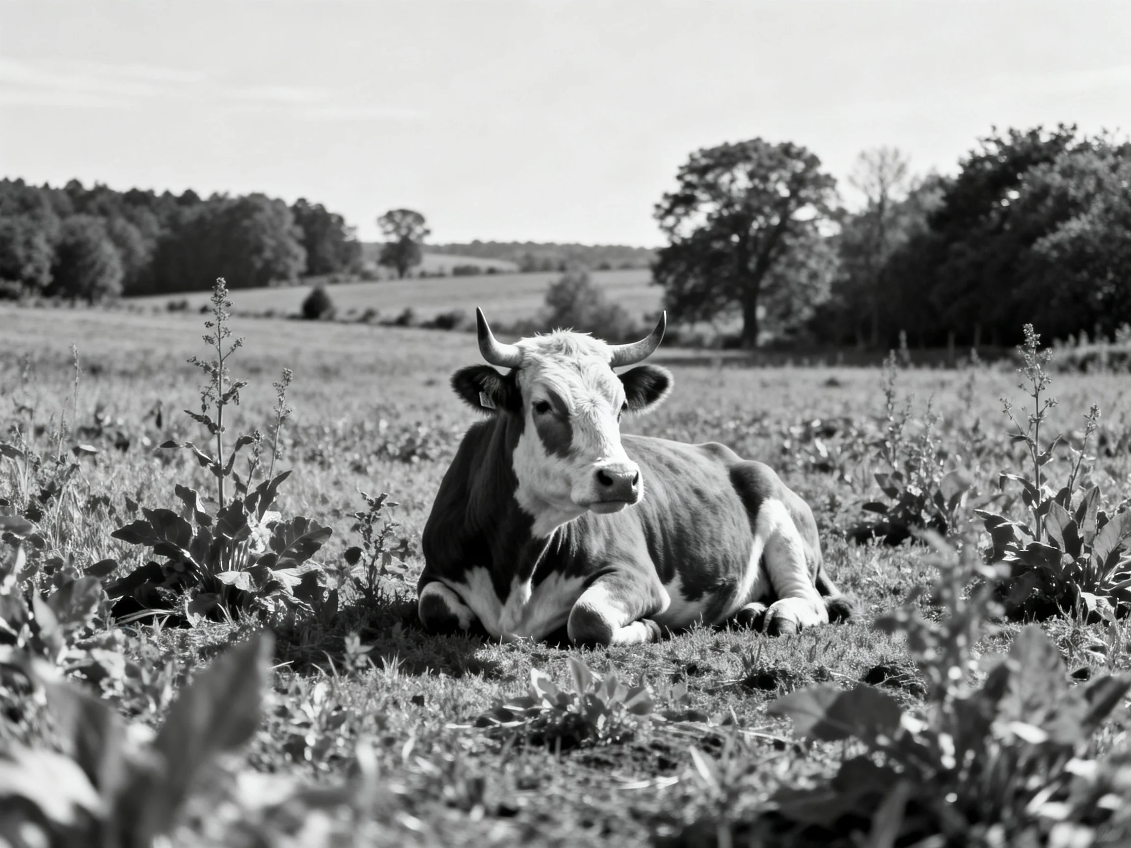 A horned cow reclines in a rural field with distant trees