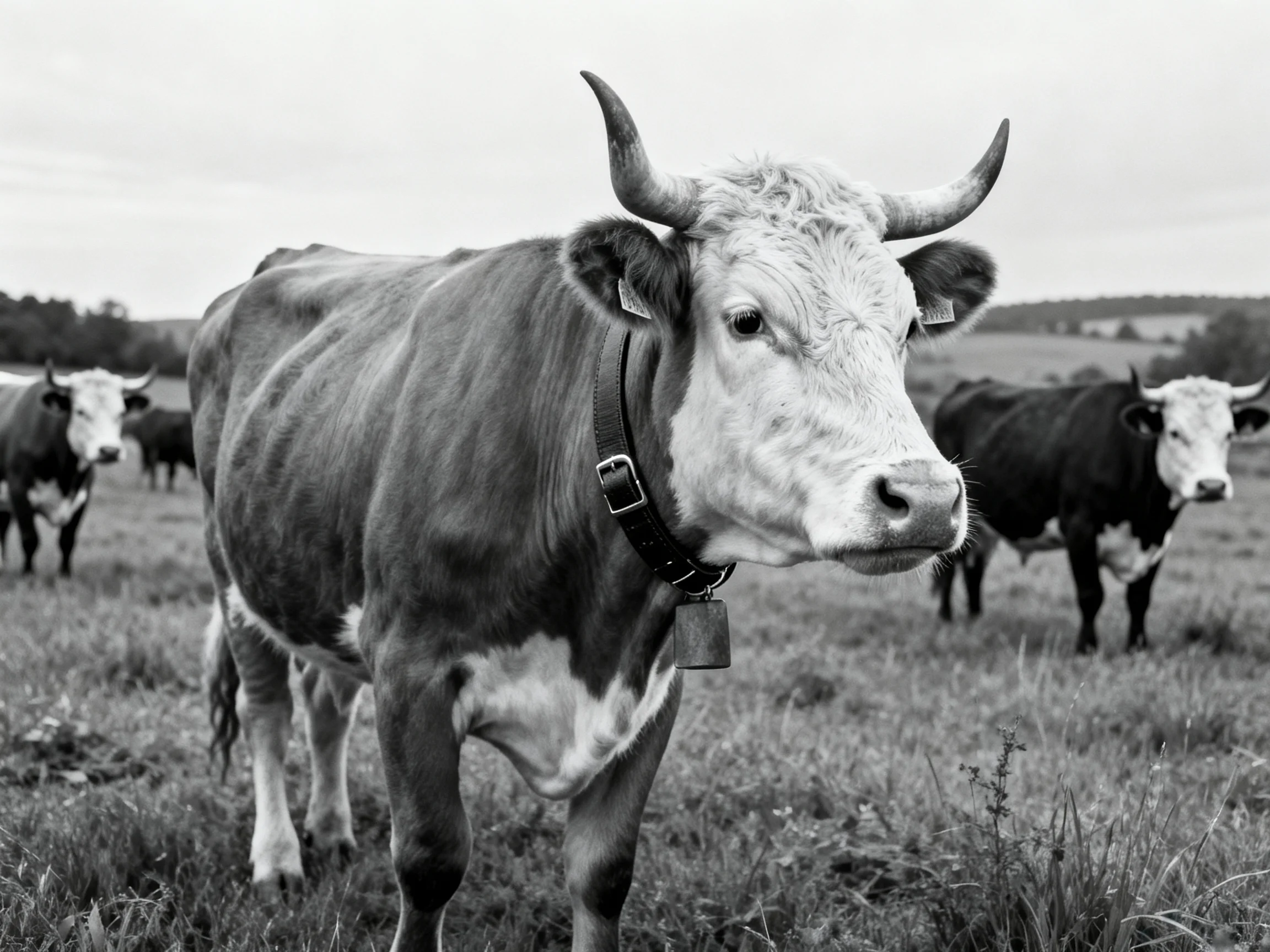A horned cow stands prominently among other cattle in a grassy field