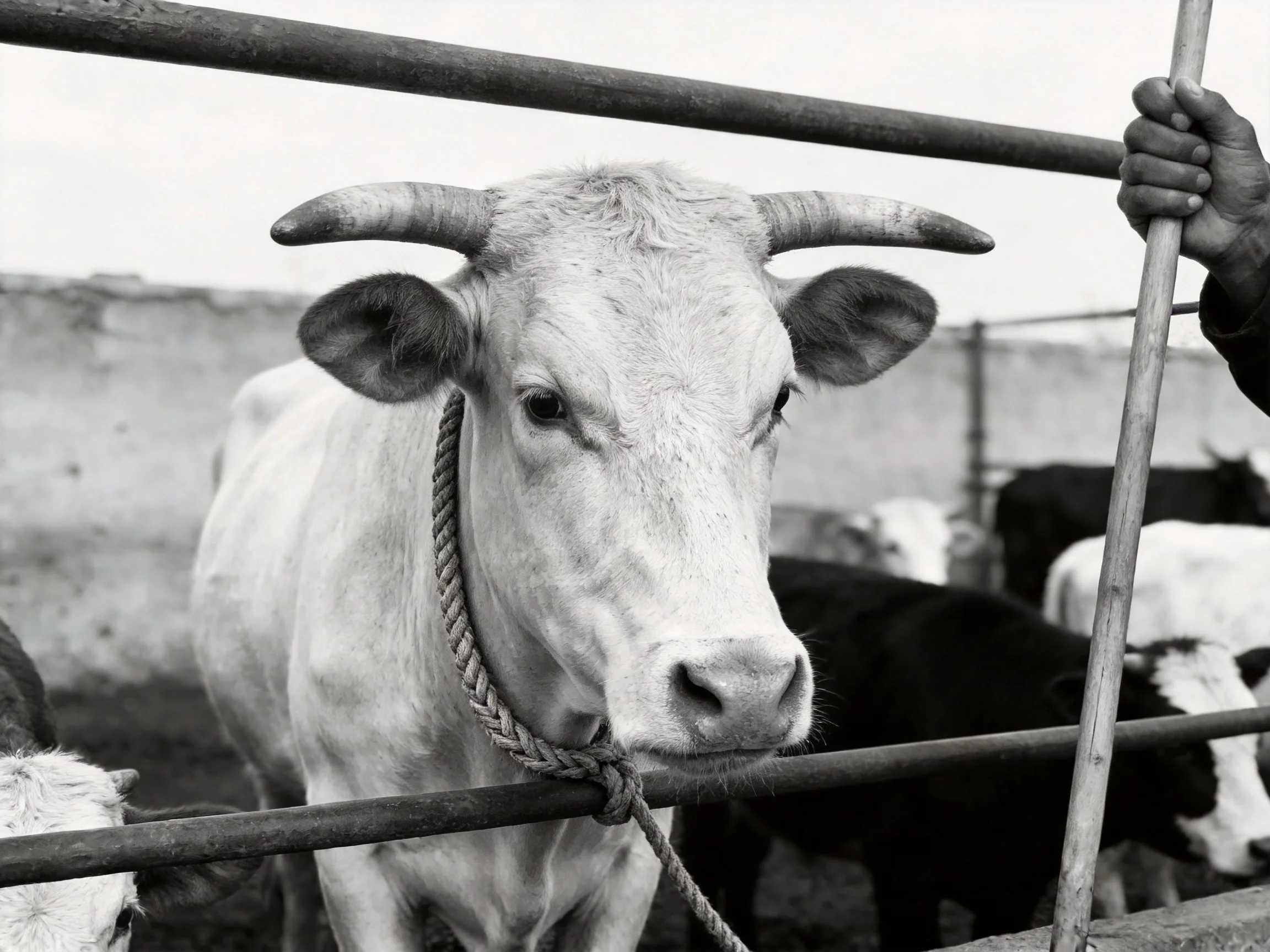 A horned cow with a braided rope near metal bars in a pen