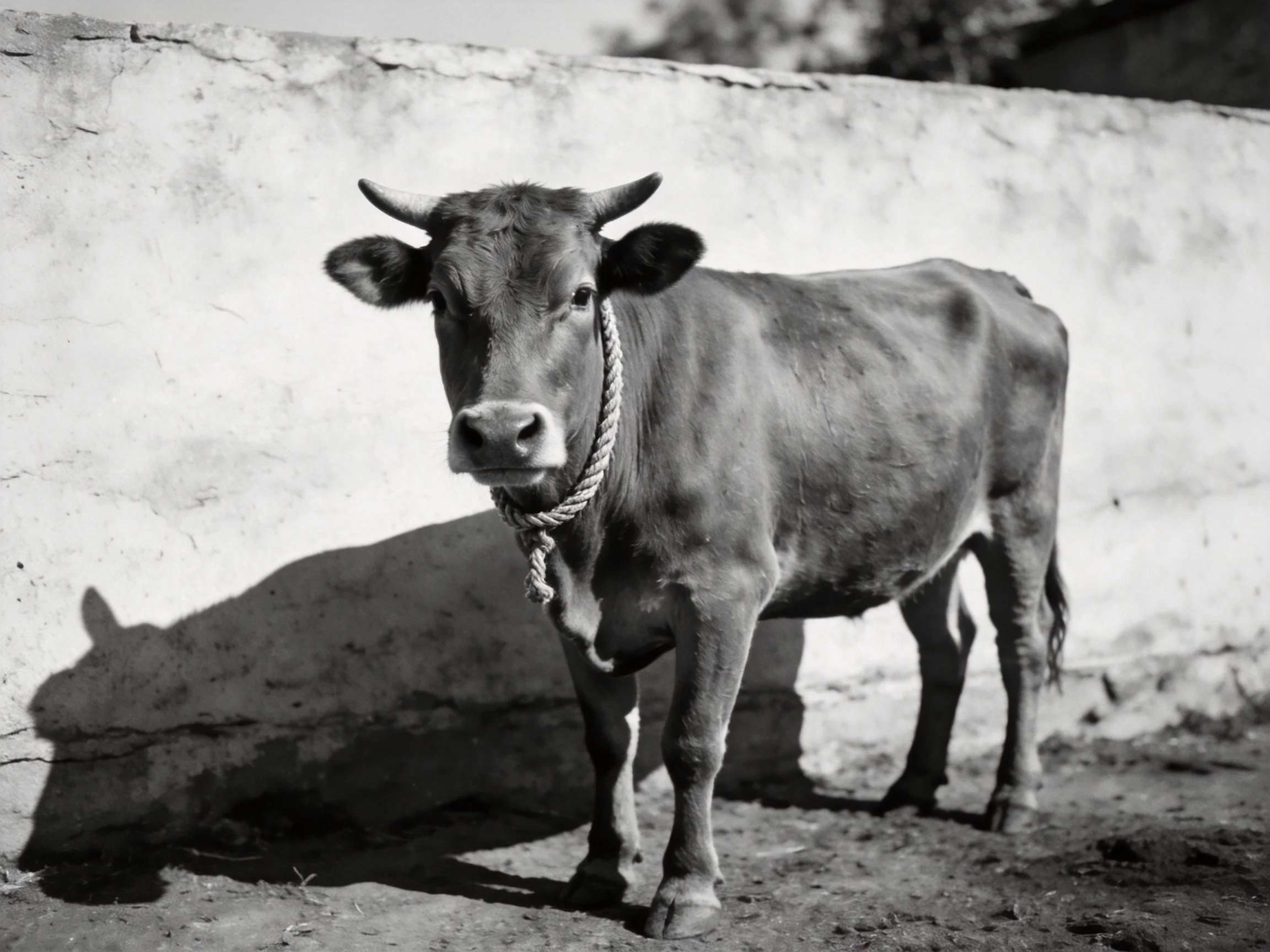 A horned cow with a rope collar stands beside a weathered concrete wall