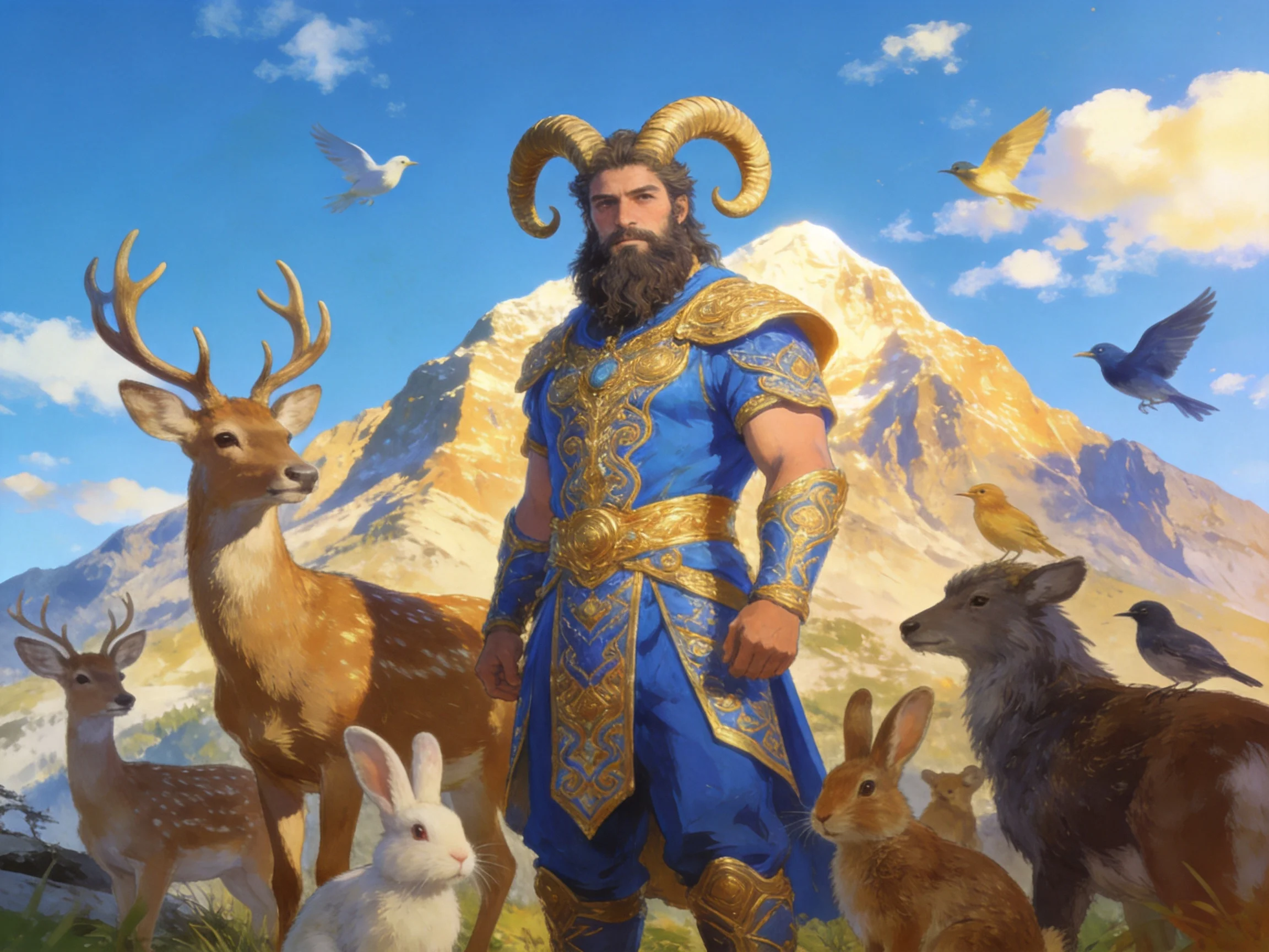 A horned figure in ornate blue armor with golden accents among wildlife near a snow - capped mountain