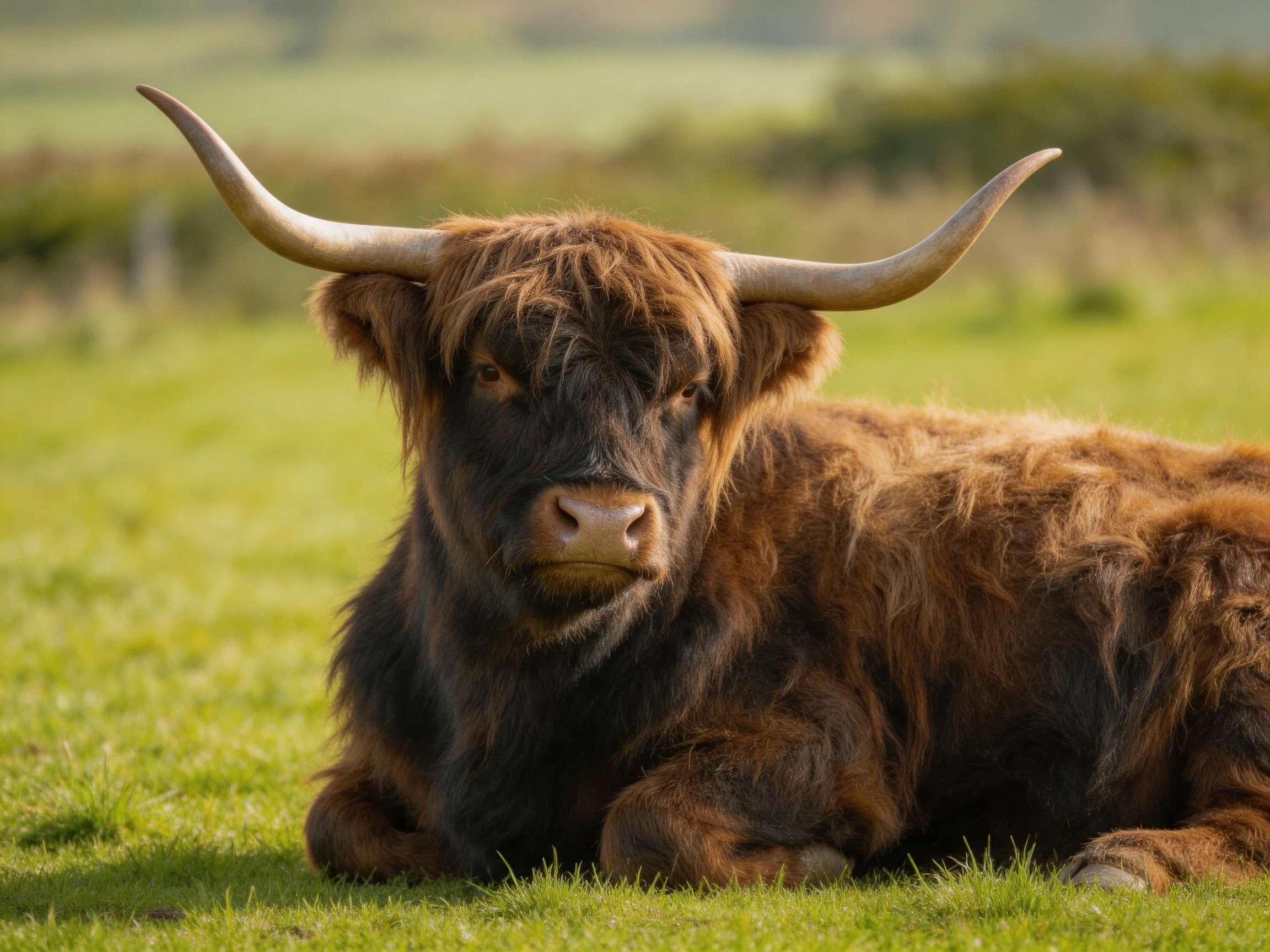 A large Highland cow with shaggy brown fur rests on green grass
