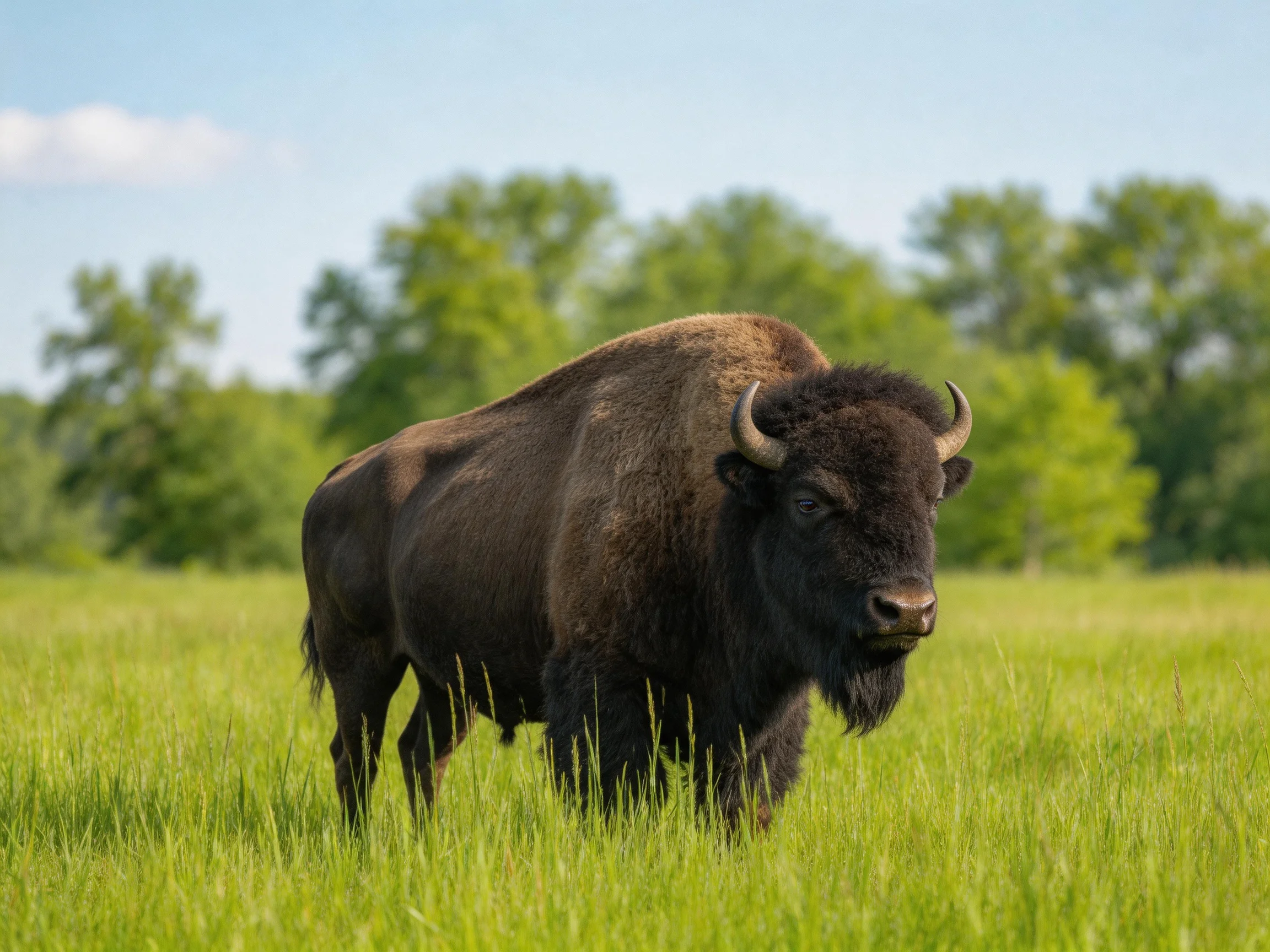 A large bison stands in tall green grass near leafy trees