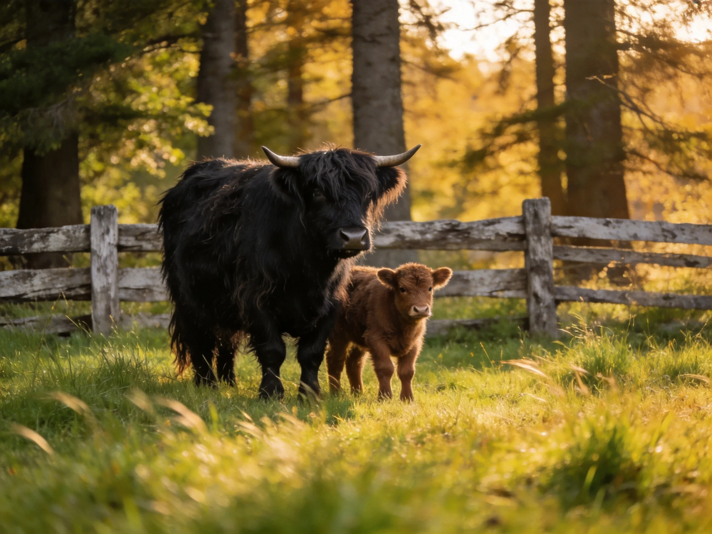 A large black cow stands beside a small brown calf in a sunlit grassy area with a wooden fence.