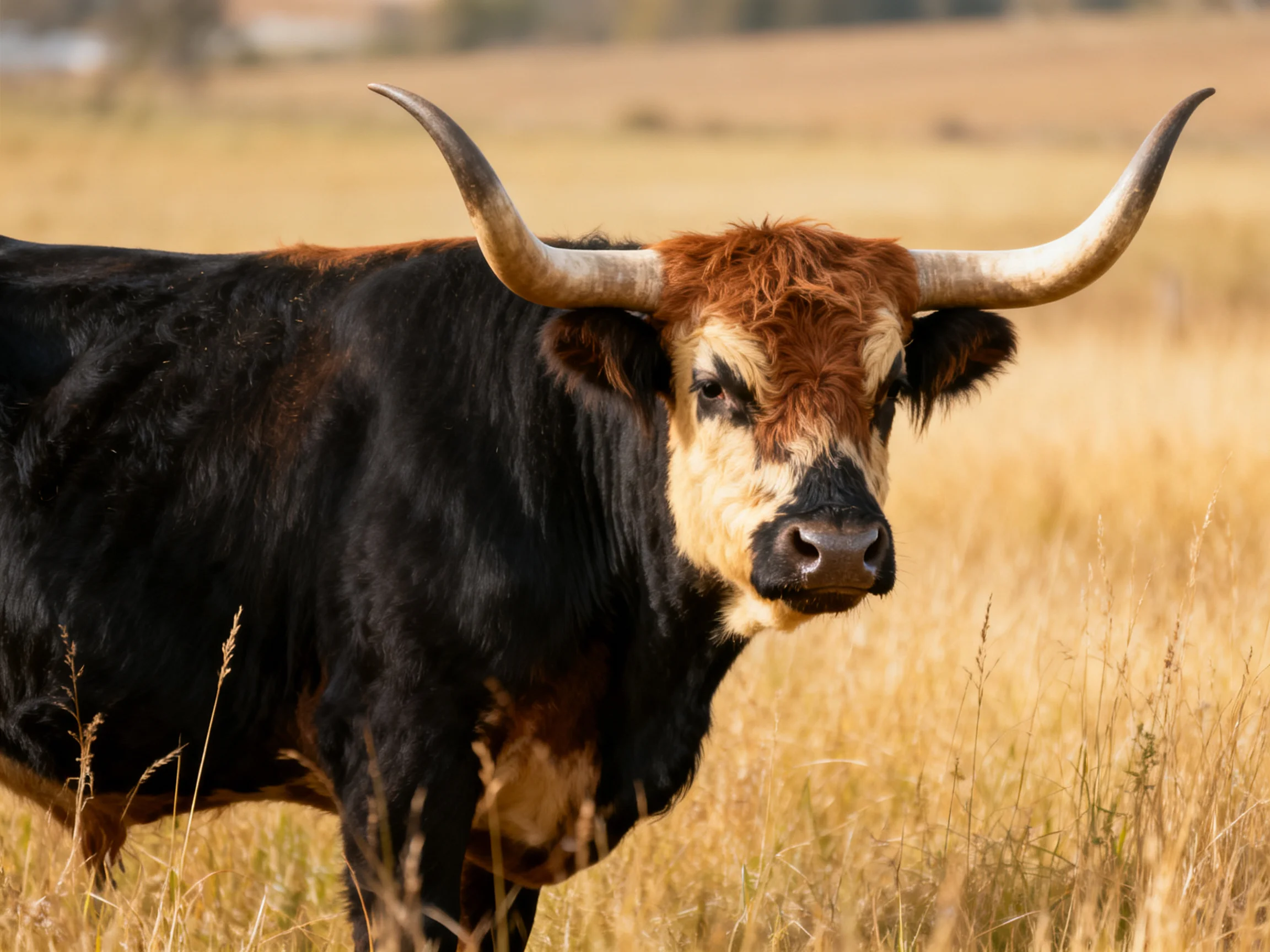 A large black and tan bull with long curved horns in a golden field