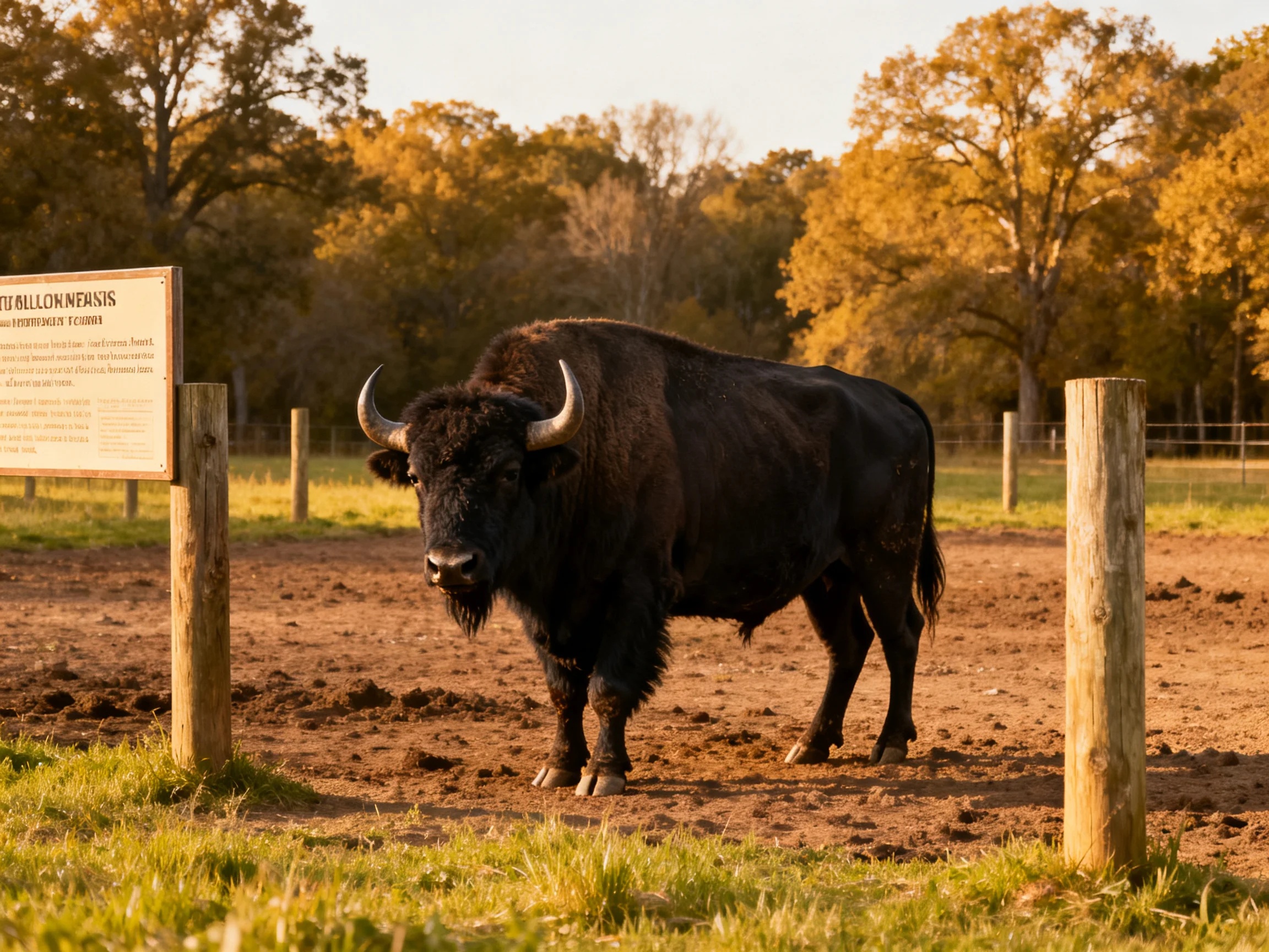 A large black bison near wooden posts by an informational sign