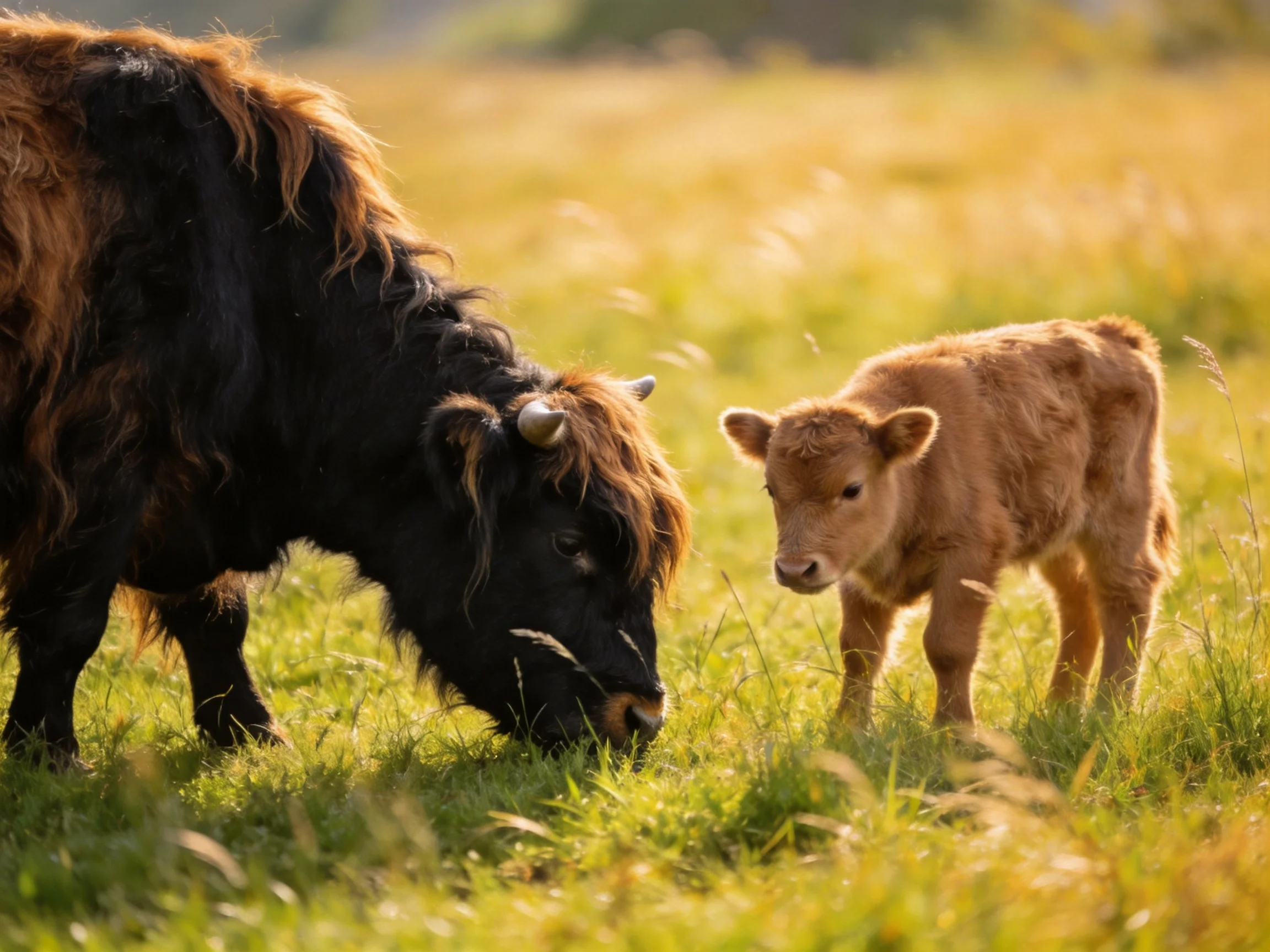 A large black-brown cow and small tan calf graze in a sunlit meadow