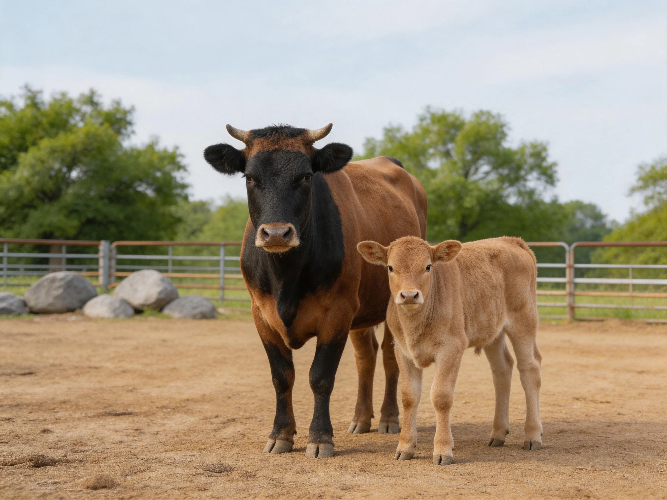 A large black-brown cow stands beside a small tan calf in a fenced farm enclosure