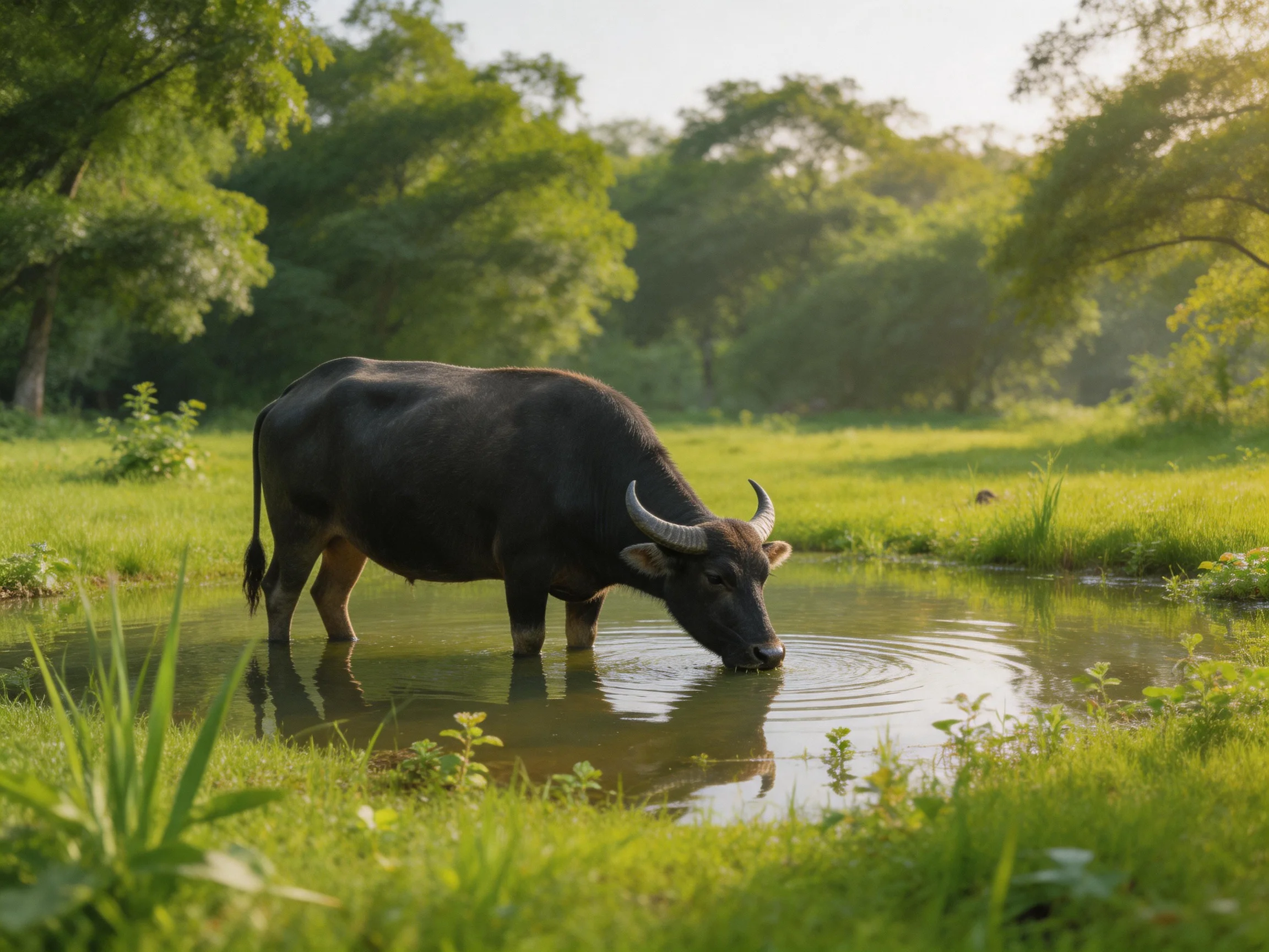 A large black buffalo drinks from a shallow pond amidst verdant fields