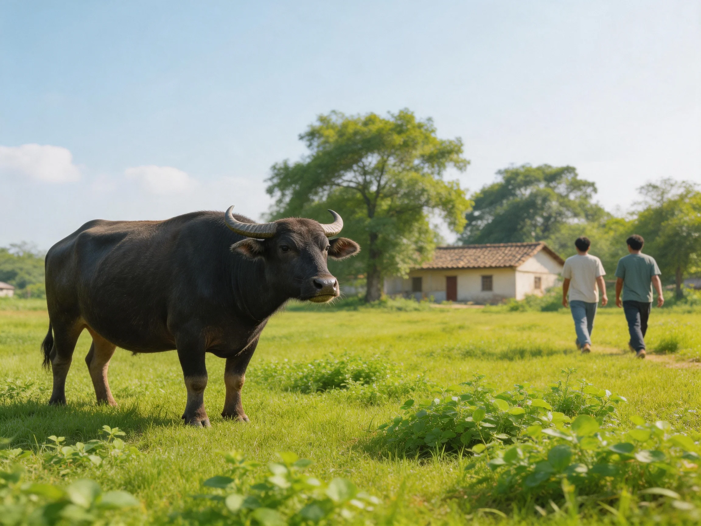 A large black buffalo in a lush green field with two walkers