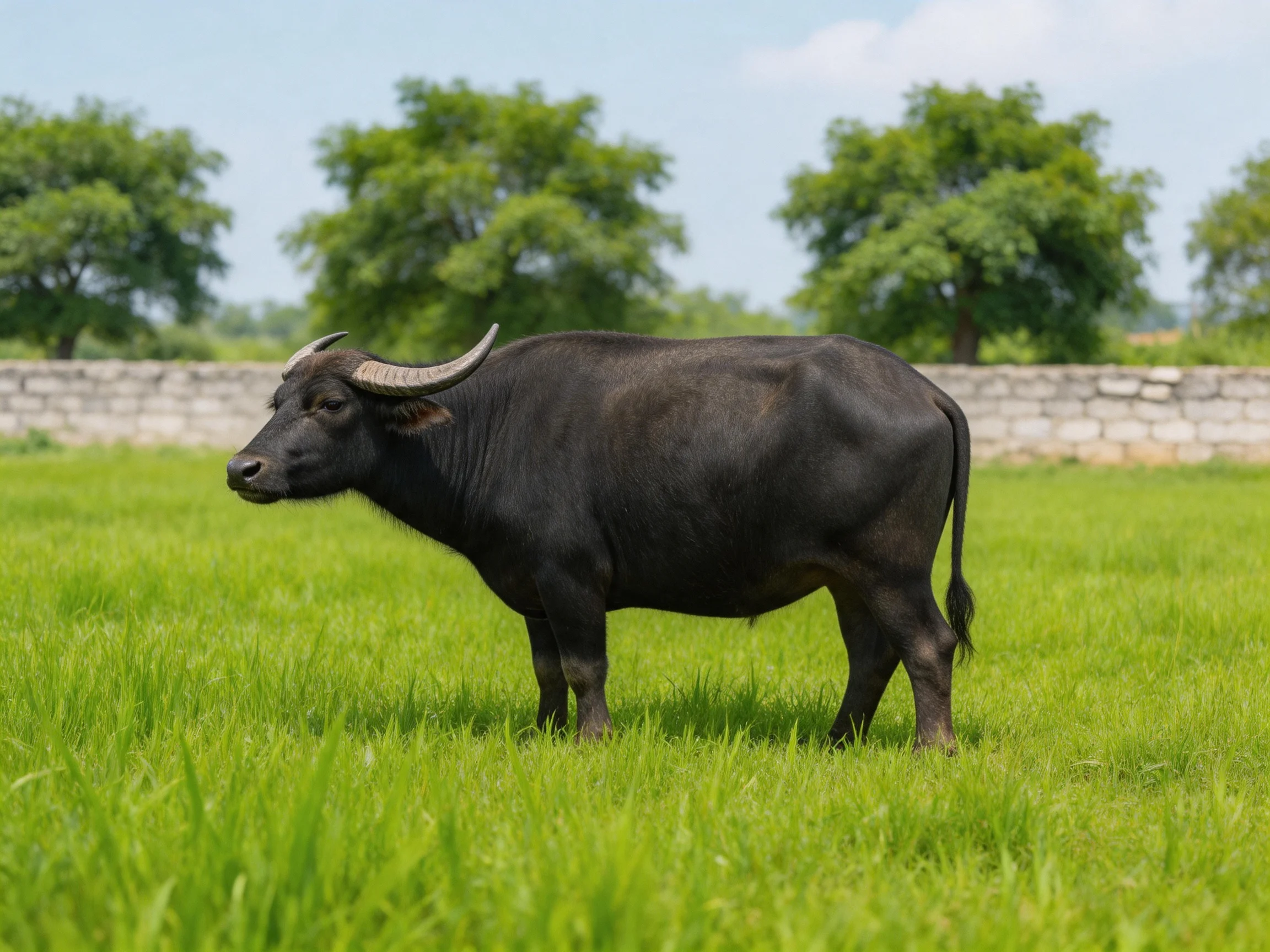 A large black buffalo in a lush green meadow with stone walls