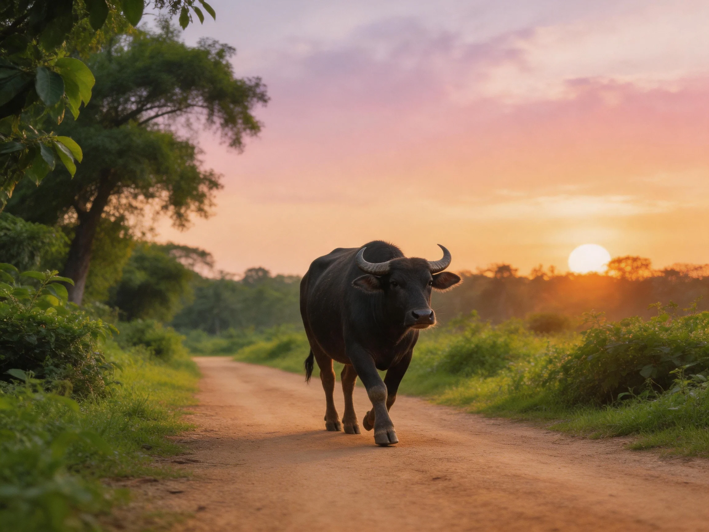A large black buffalo walks on a dusty country road at sunset