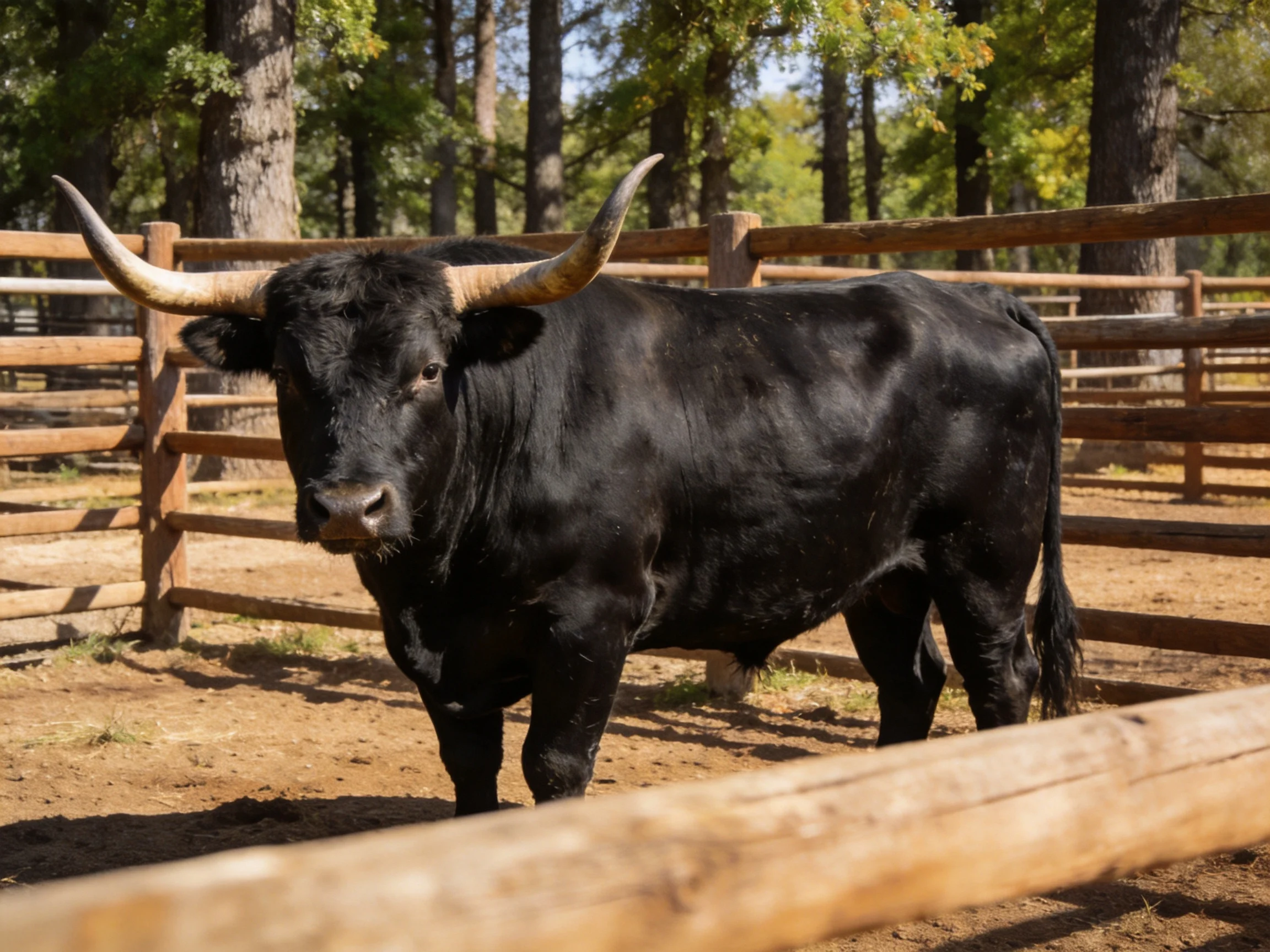 A large black bull with long curved horns in a wooden fenced enclosure