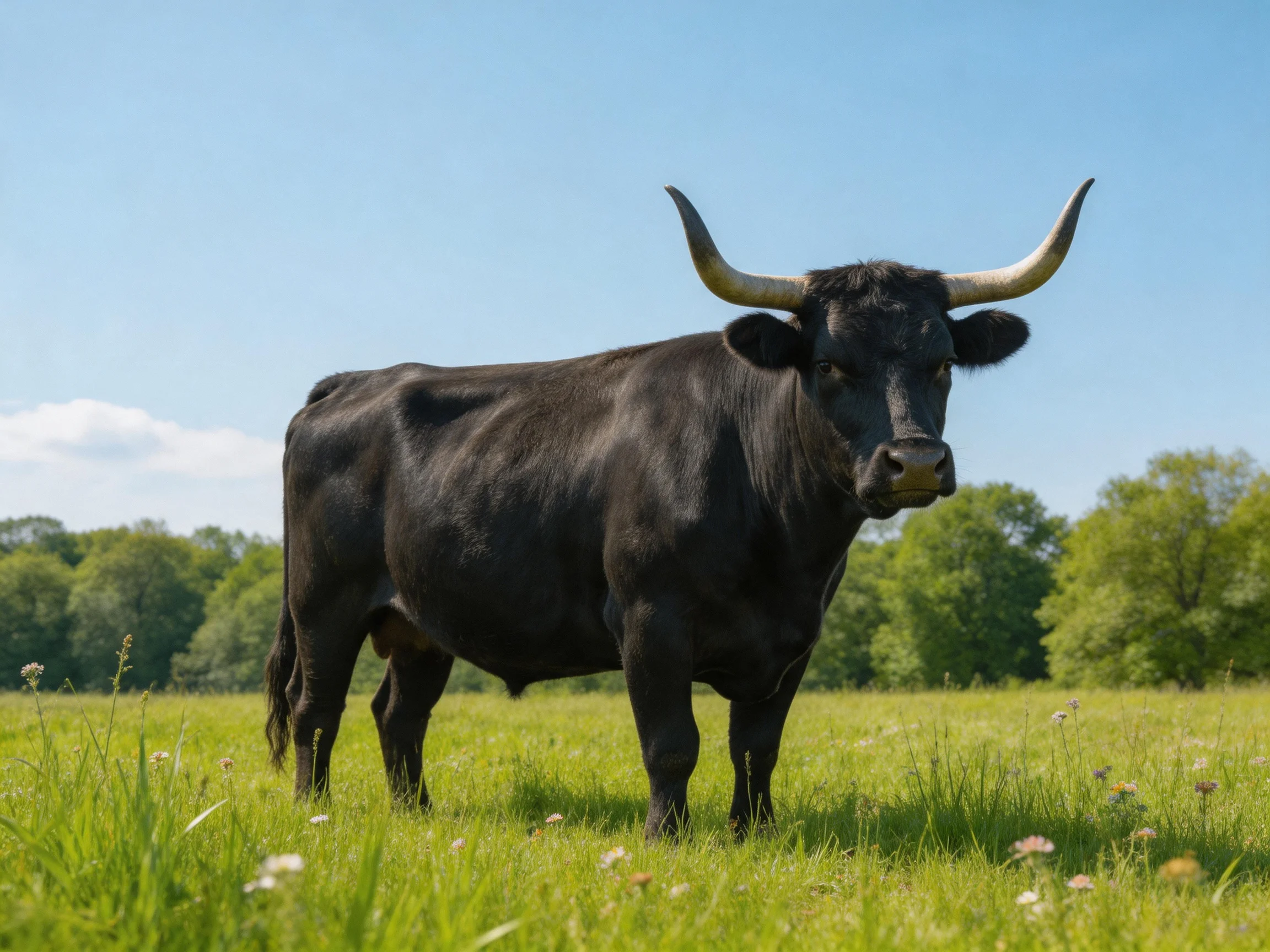 A large black bull with long curved horns stands in a lush green pasture