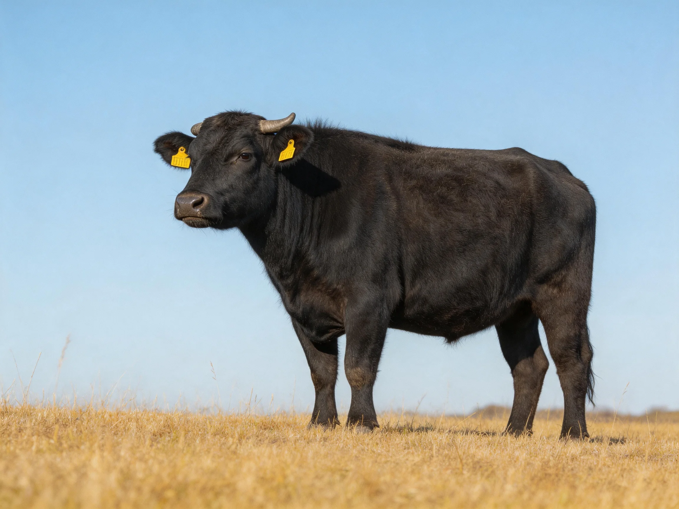 A large black bull with yellow ear tags stands in an open field