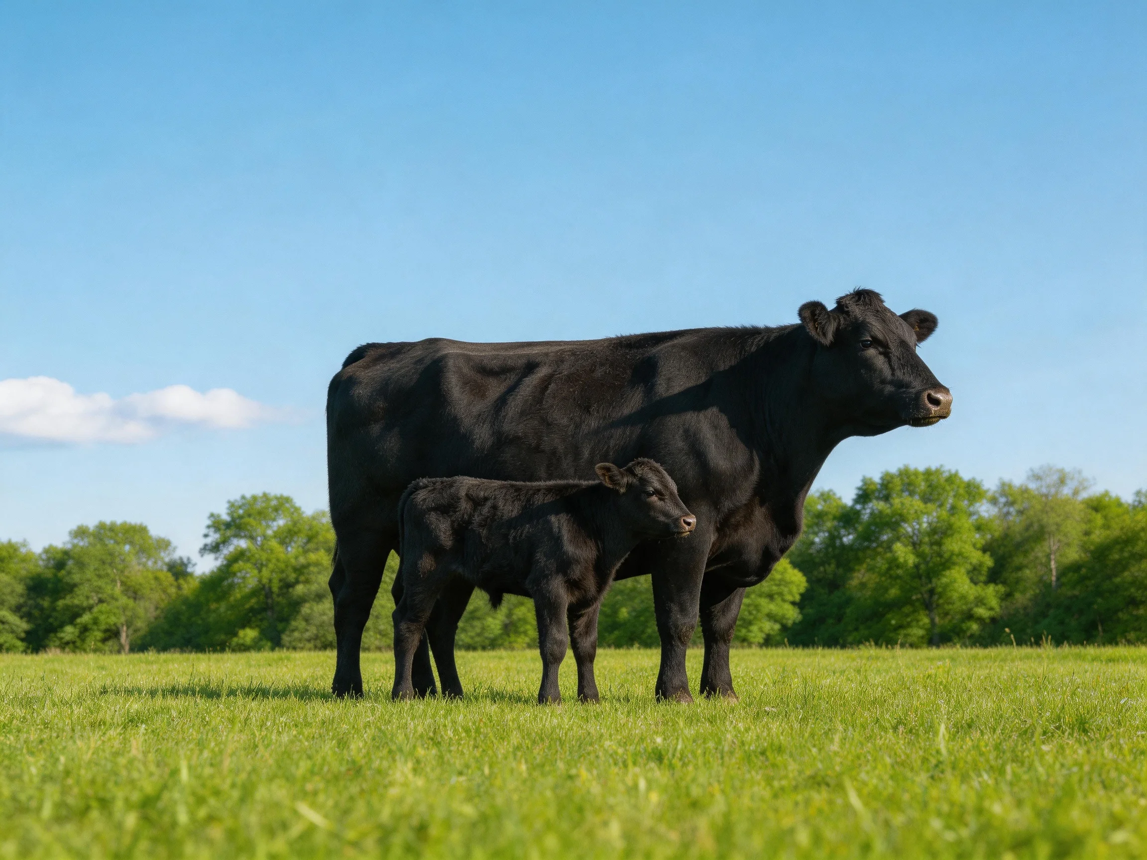 A large black cow and small black calf stand together in a sunny green pasture.