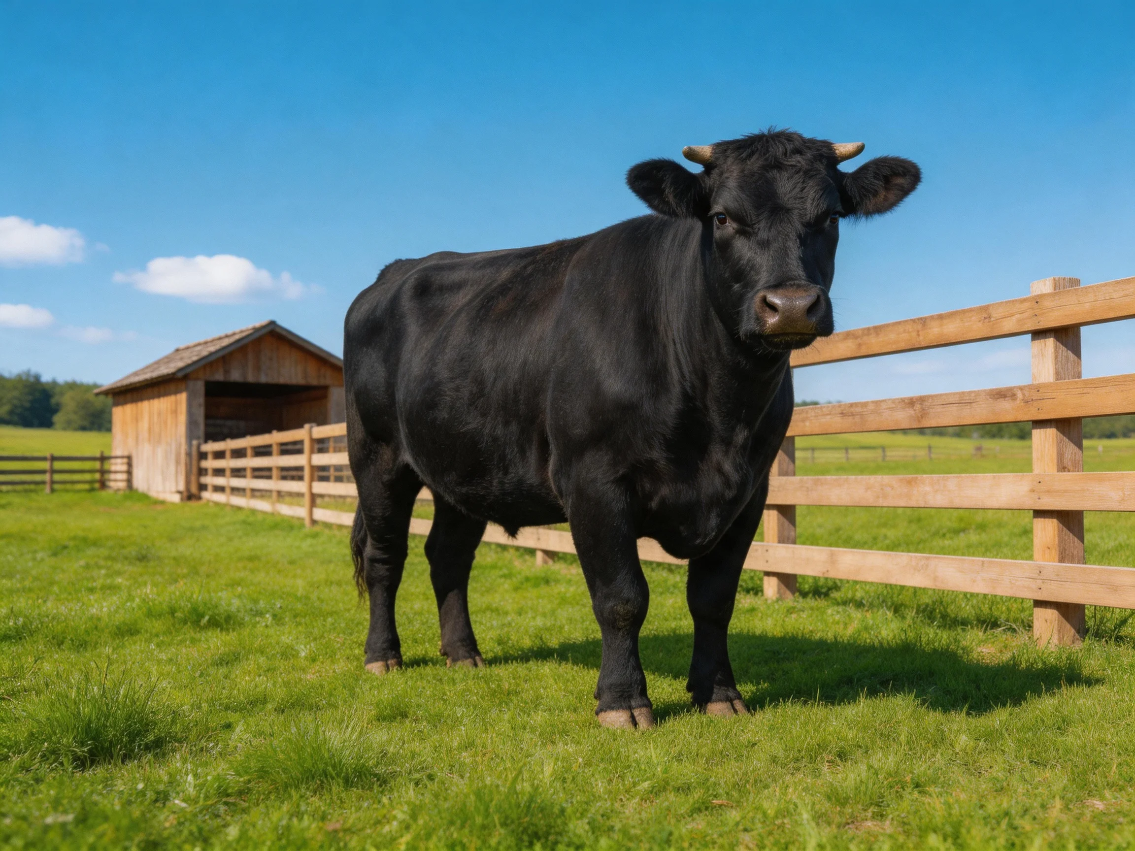 A large black cow stands near a wooden fence in a green pasture