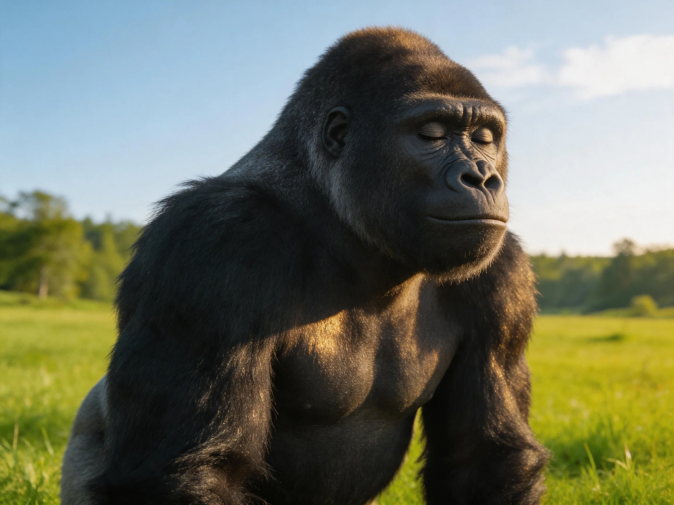A large black gorilla in a sunlit green meadow