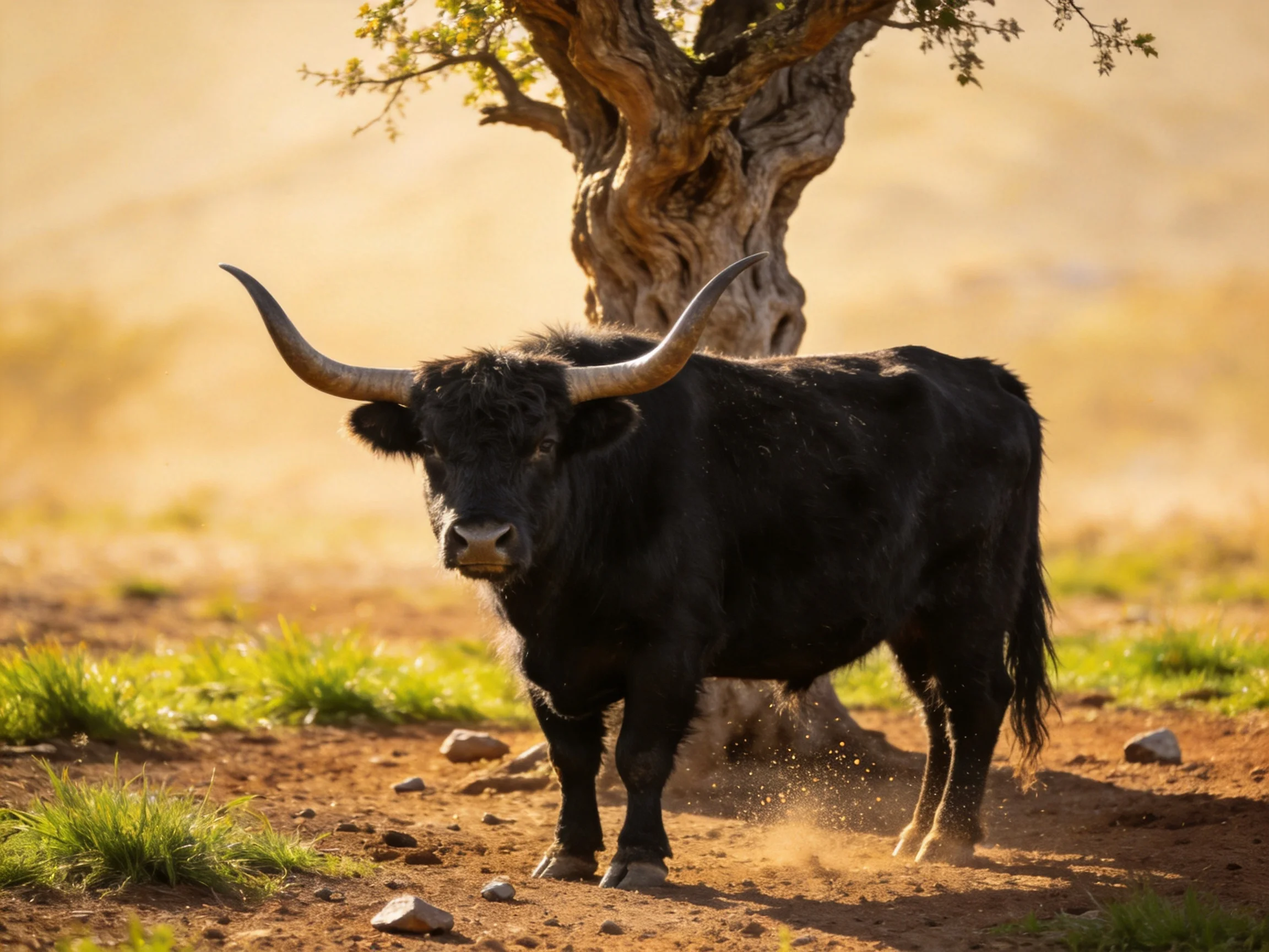 A large black horned bull near an ancient gnarled tree
