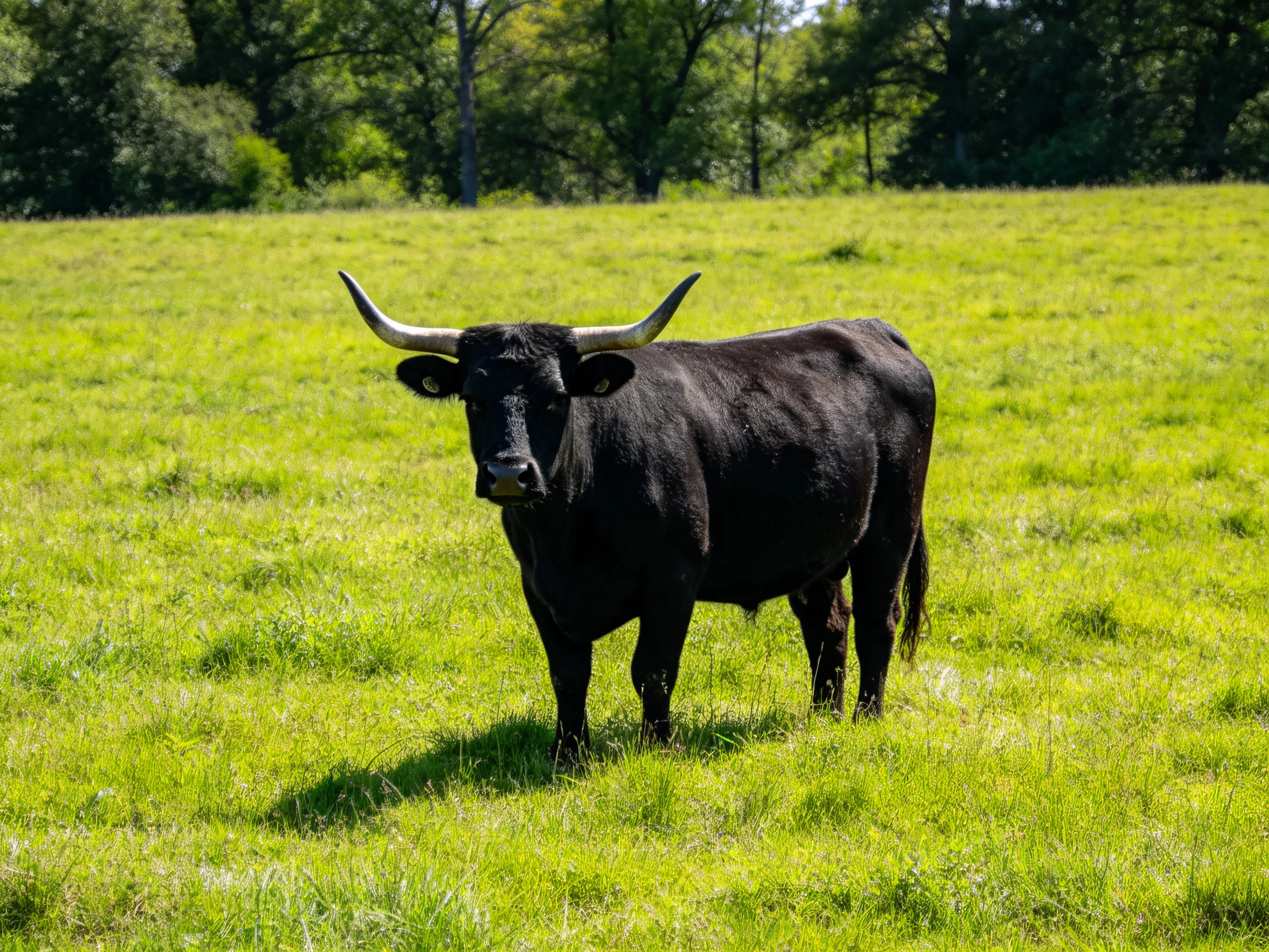 A large black horned cow stands in a lush green meadow
