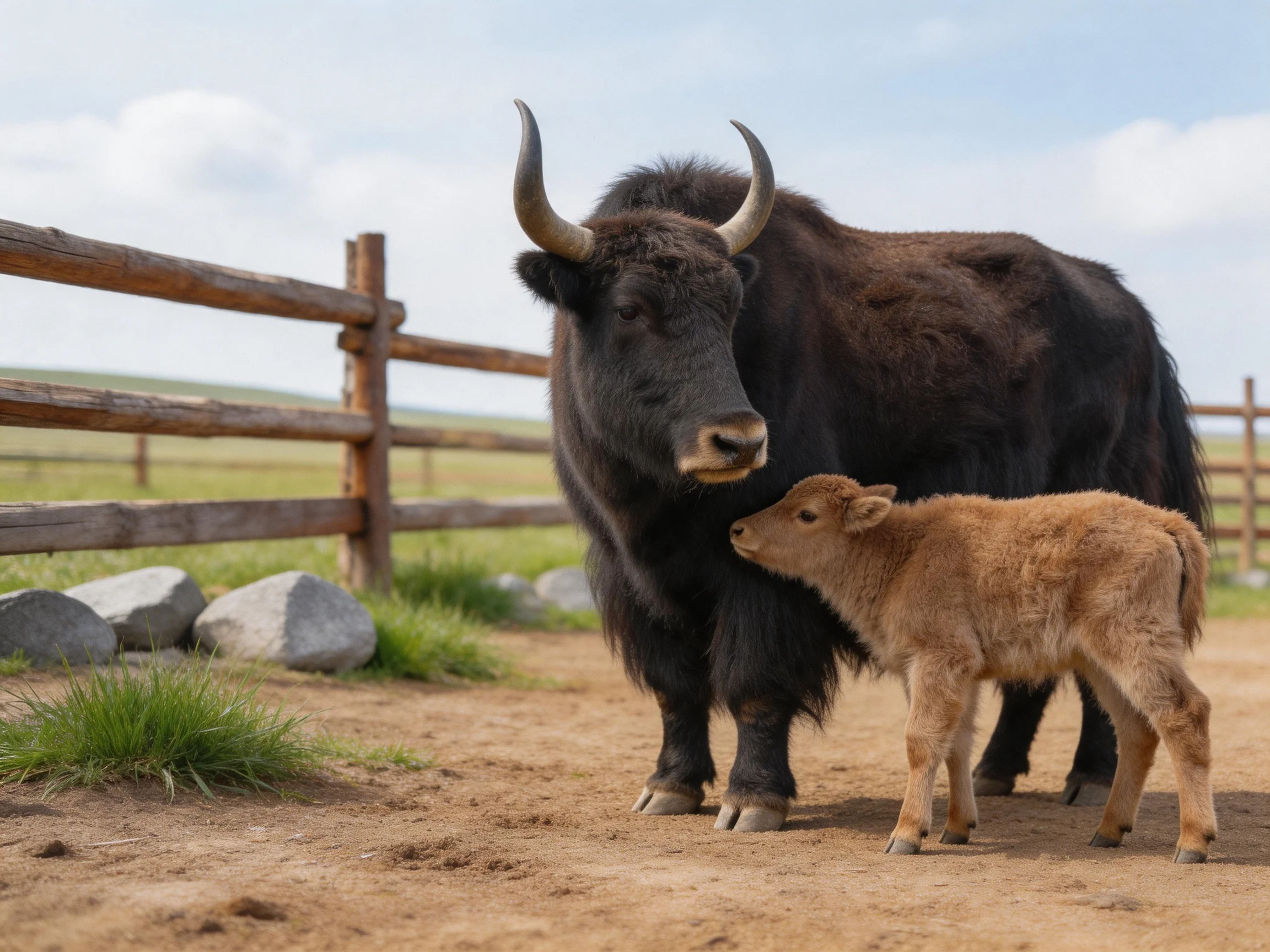 A large black yak and small tan calf near wooden fencing