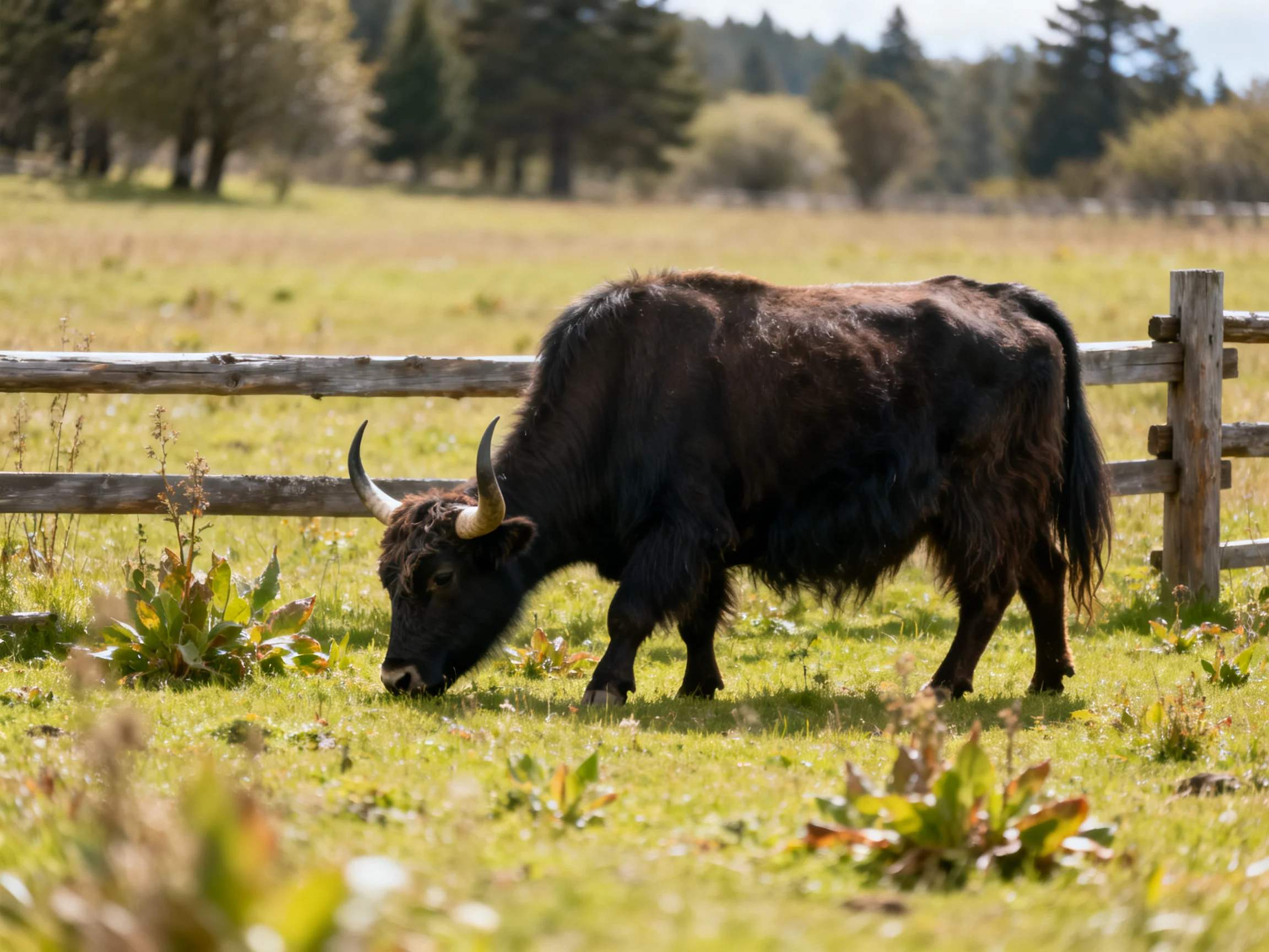 A large black yak grazes in a sunlit meadow with a wooden fence.