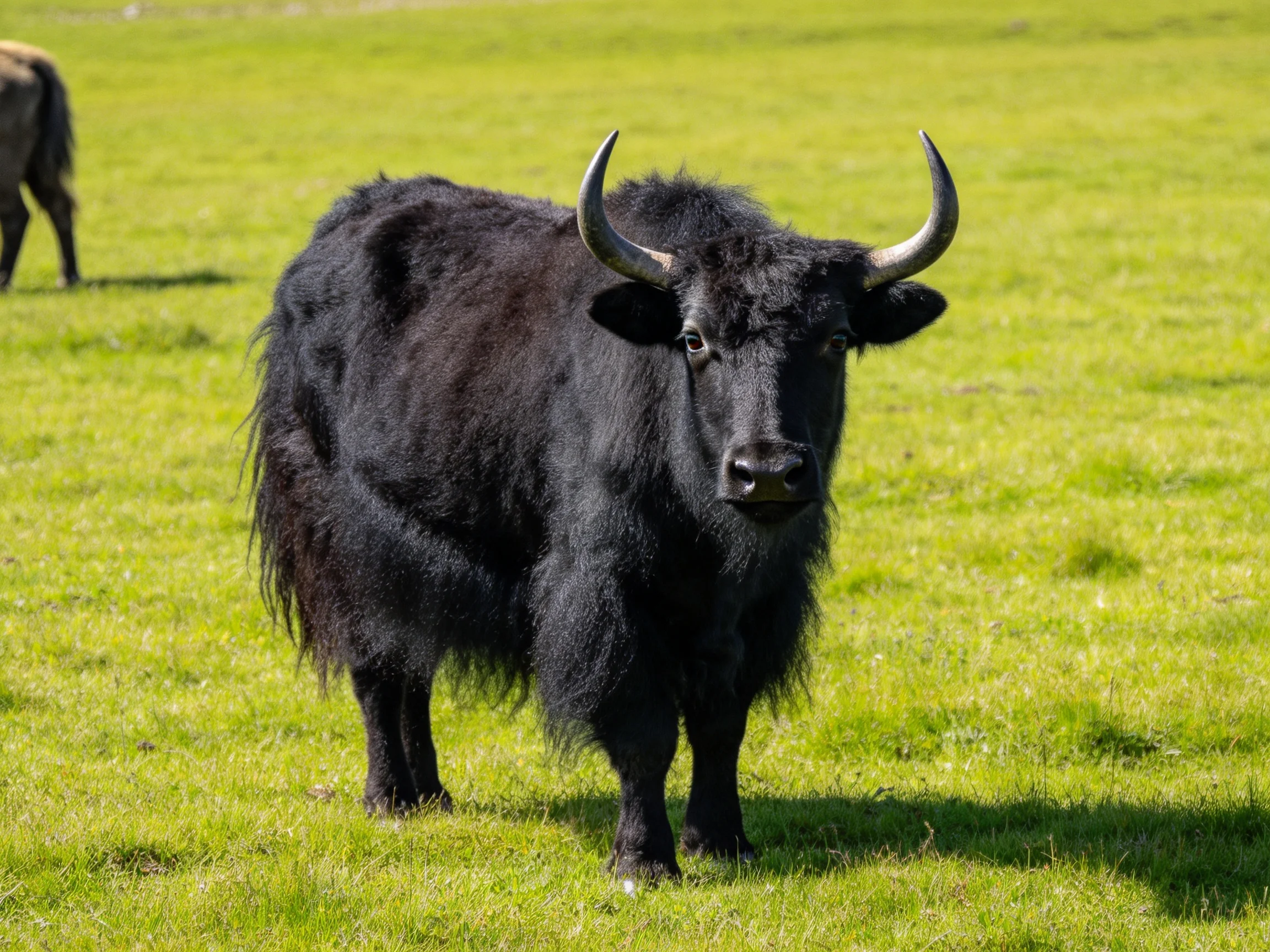A large black yak with curved horns in a lush green meadow