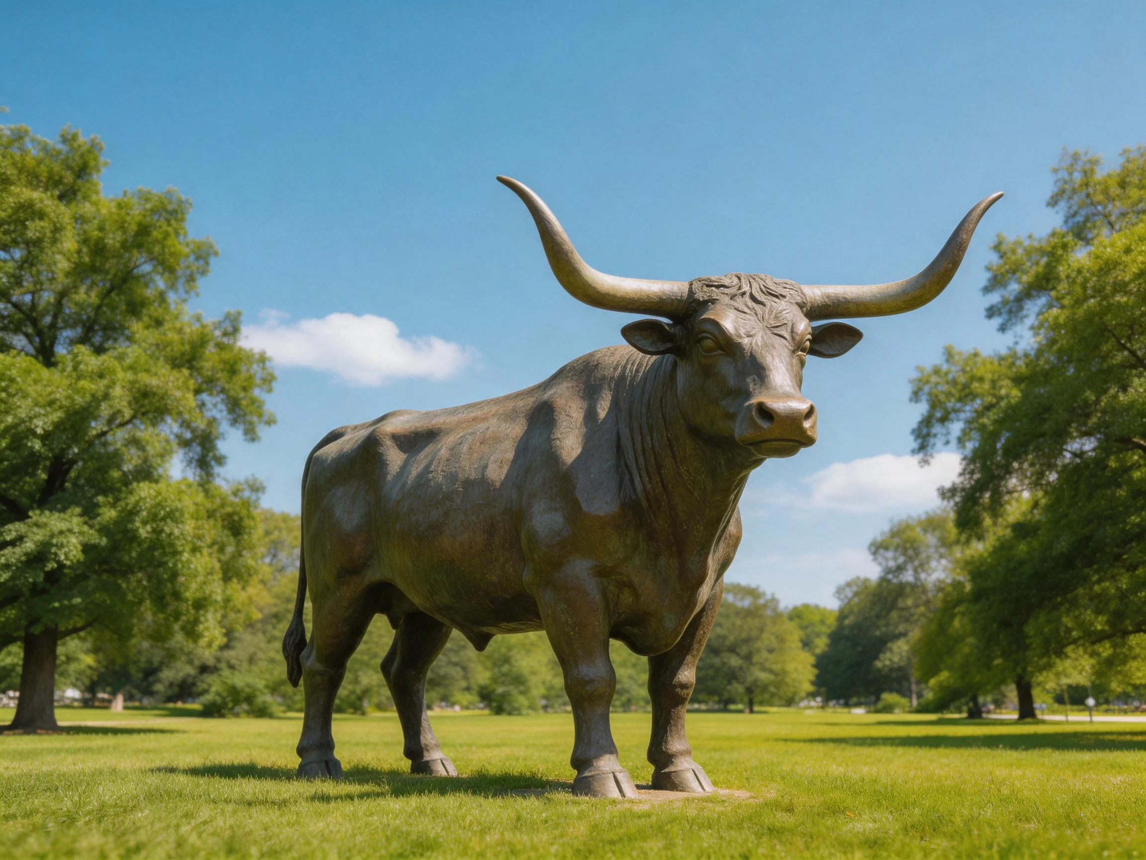 A large bronze longhorn bull statue on a grassy field