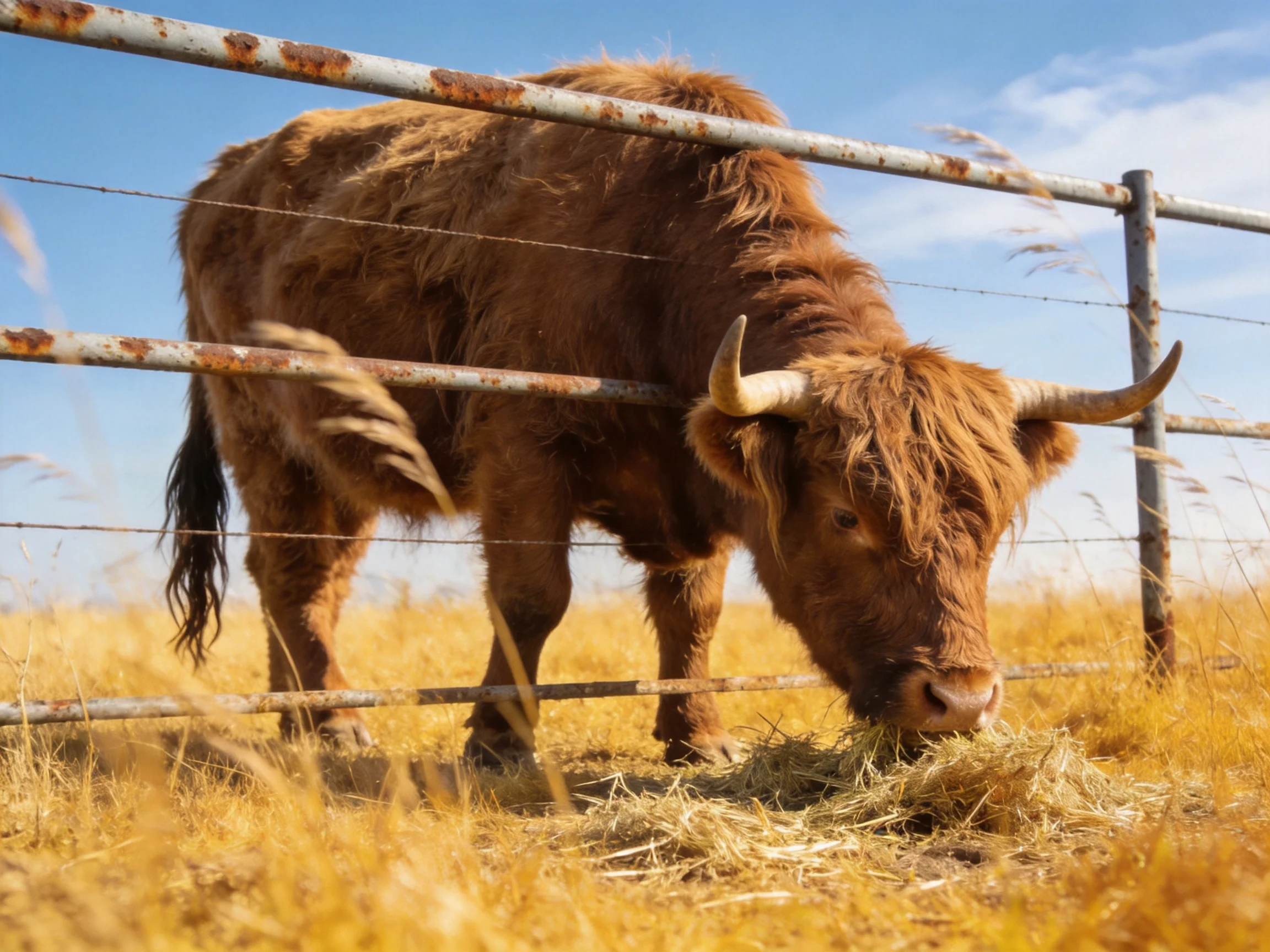 A large brown Highland cow eats hay near a rusty metal fence