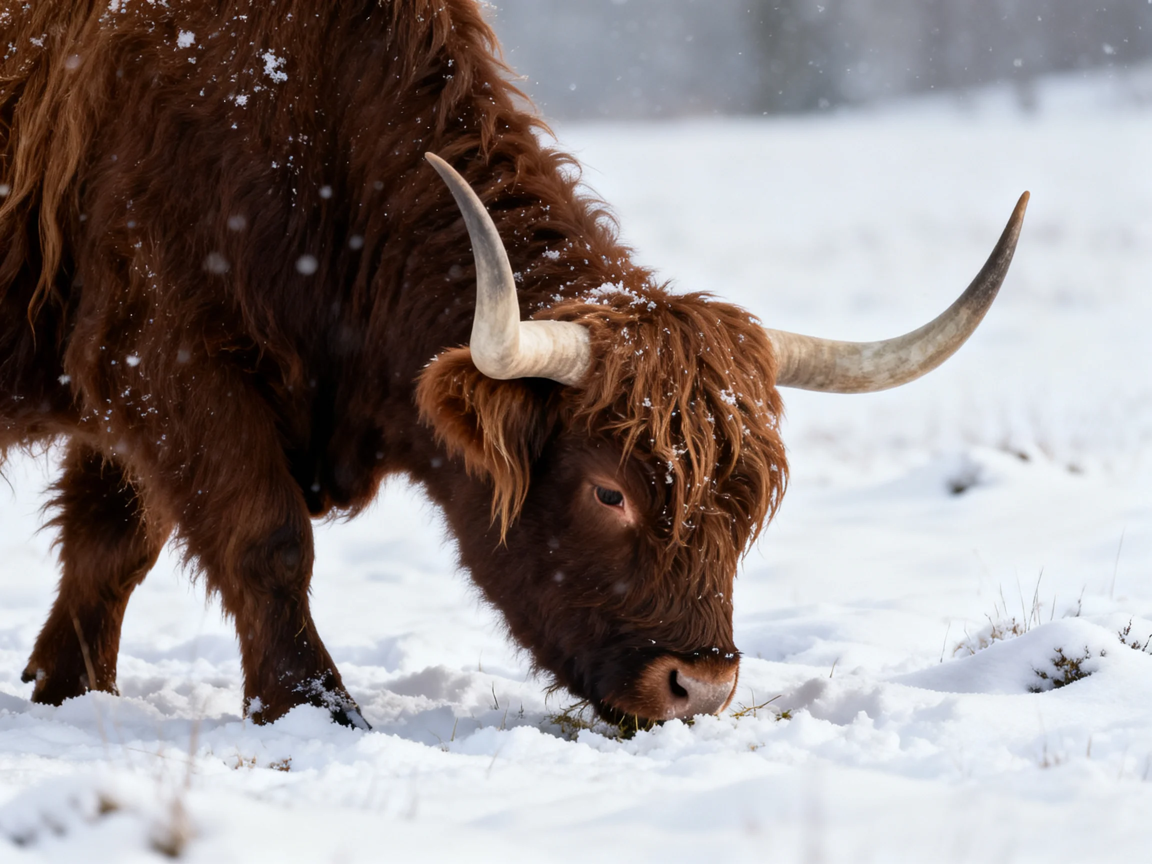A large brown Highland cow forages in a snowy landscape
