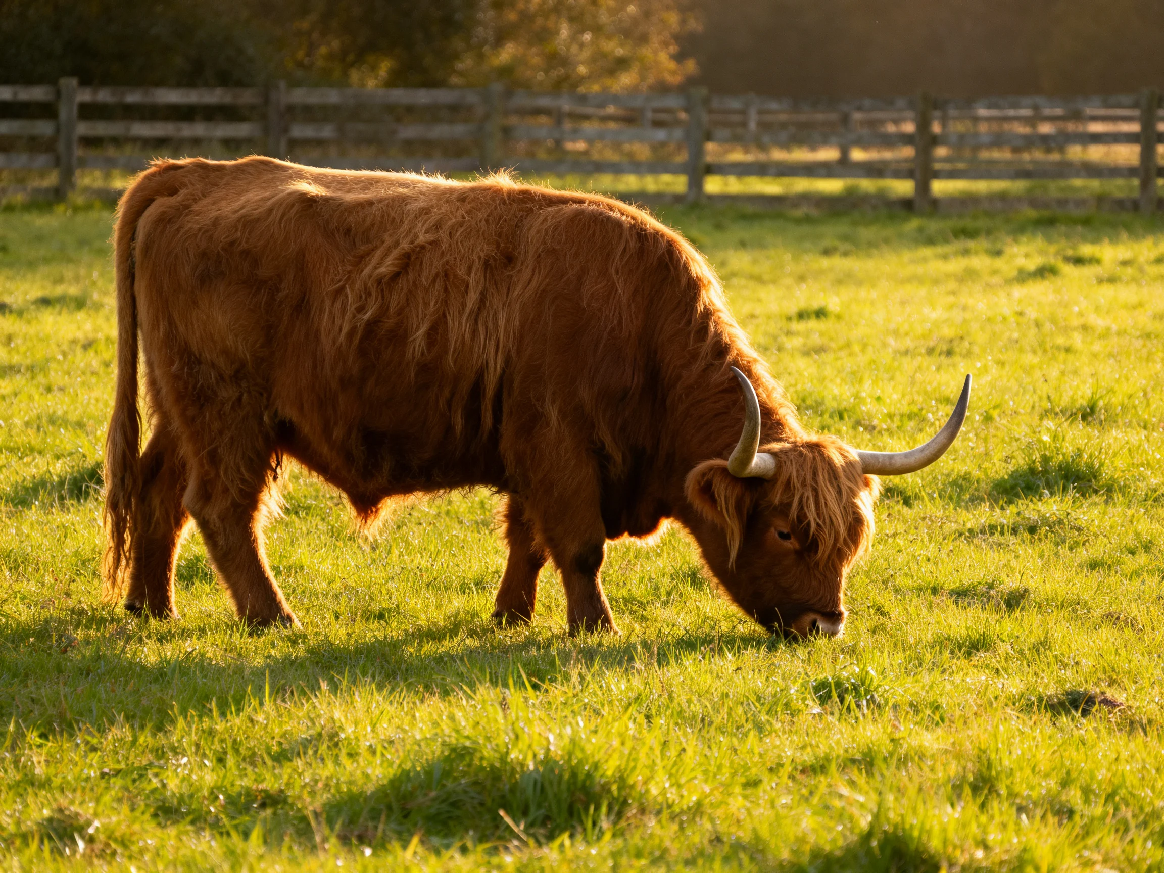 A large brown Highland cow grazes in a sunlit green pasture